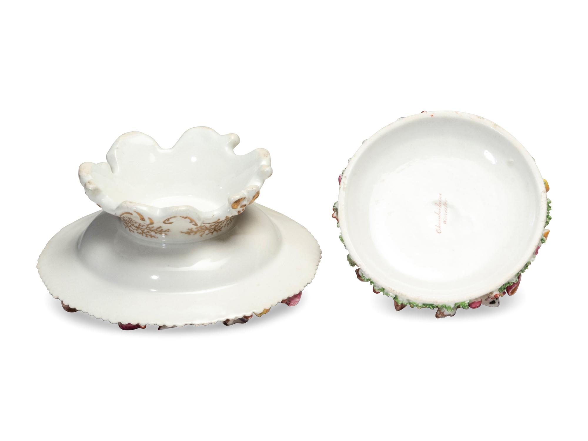 A Worcester Porcelain 'Shell-Encrusted' Basket, Cup and Saucer