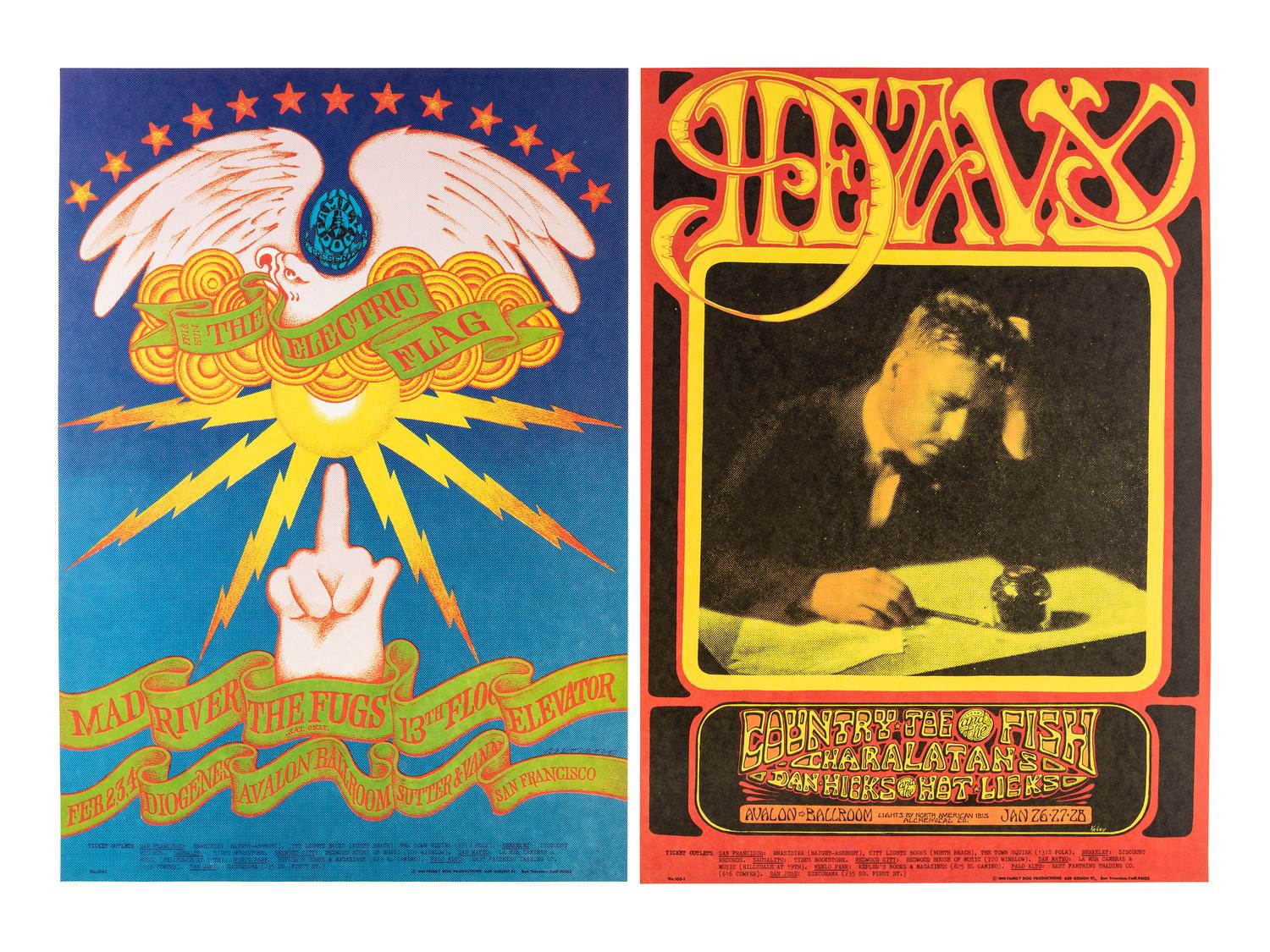 [MUSIC] -- [POSTERS]. GRIFFIN, Rick, FRIED, Robert, MOUSE, Stanley, KELLEY, Alton, MOSCOSO, Victor, artists. A group of 8 Family Dog posters from 1968, comprising: