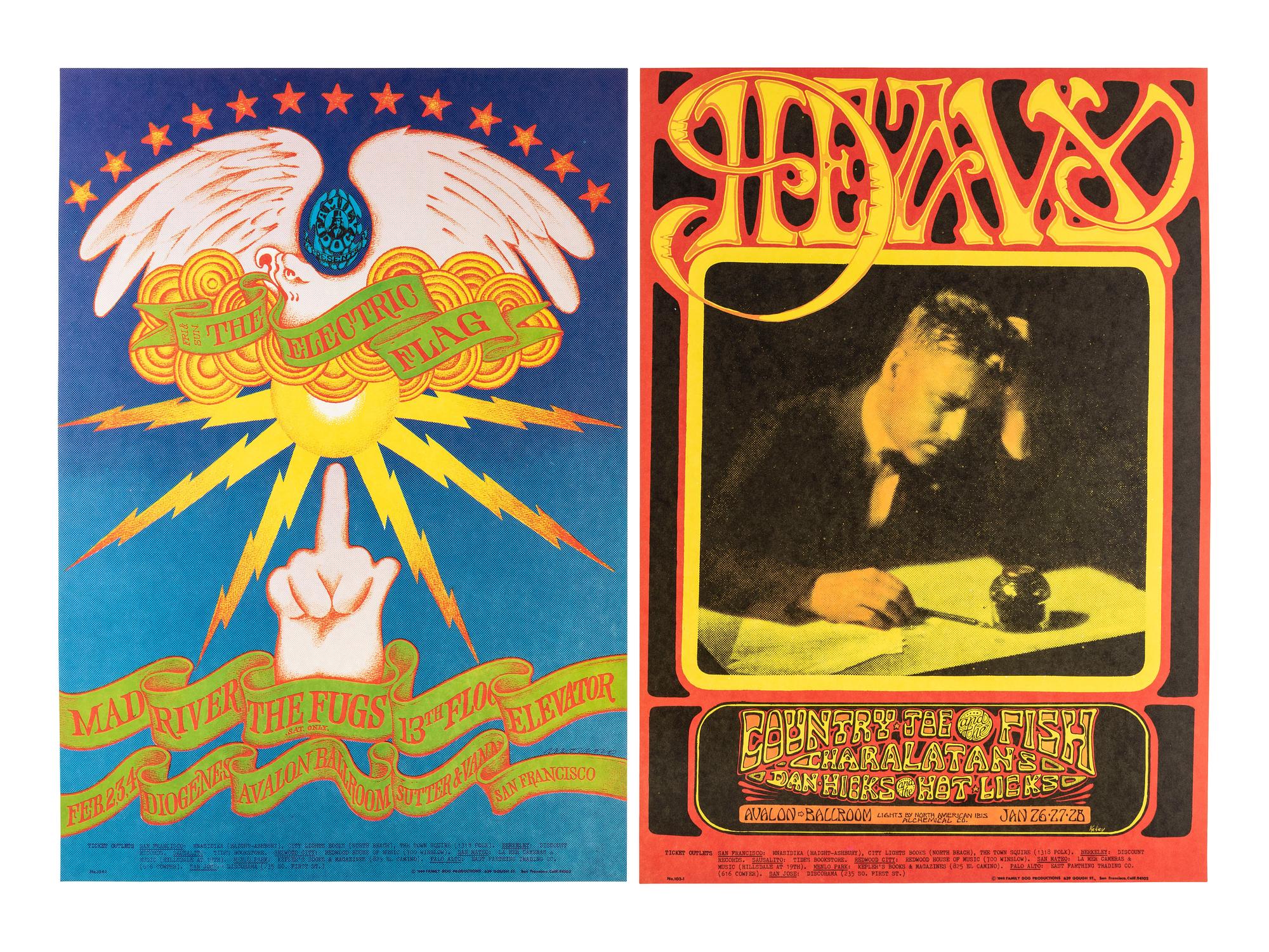 [MUSIC] -- [POSTERS]. GRIFFIN, Rick, FRIED, Robert, MOUSE, Stanley, KELLEY, Alton, MOSCOSO, Victor, artists. A group of 8 Family Dog posters from 1968, comprising: