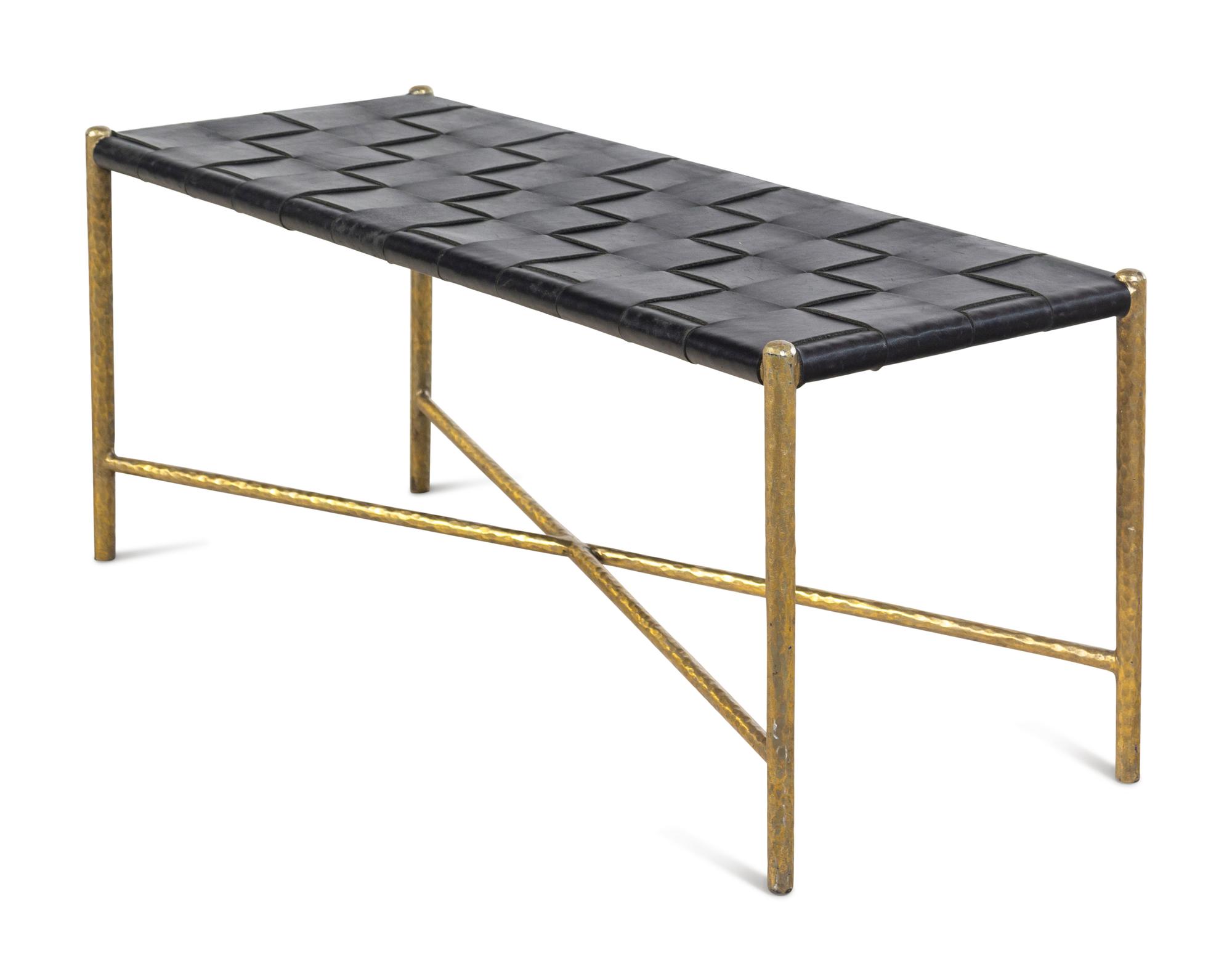 A Contemporary Gilt Metal and Woven Leather Bench