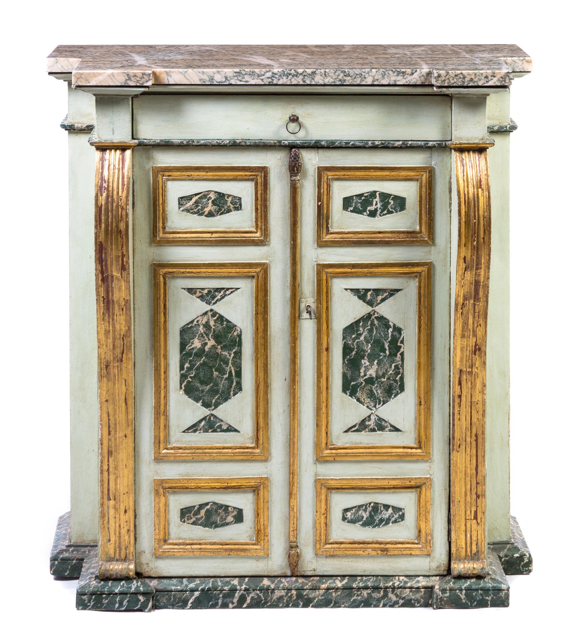 An Italian Painted and Parcel Gilt Console Cabinet, Height 44 3/4 x width 42 x depth 20 1/2 inches.