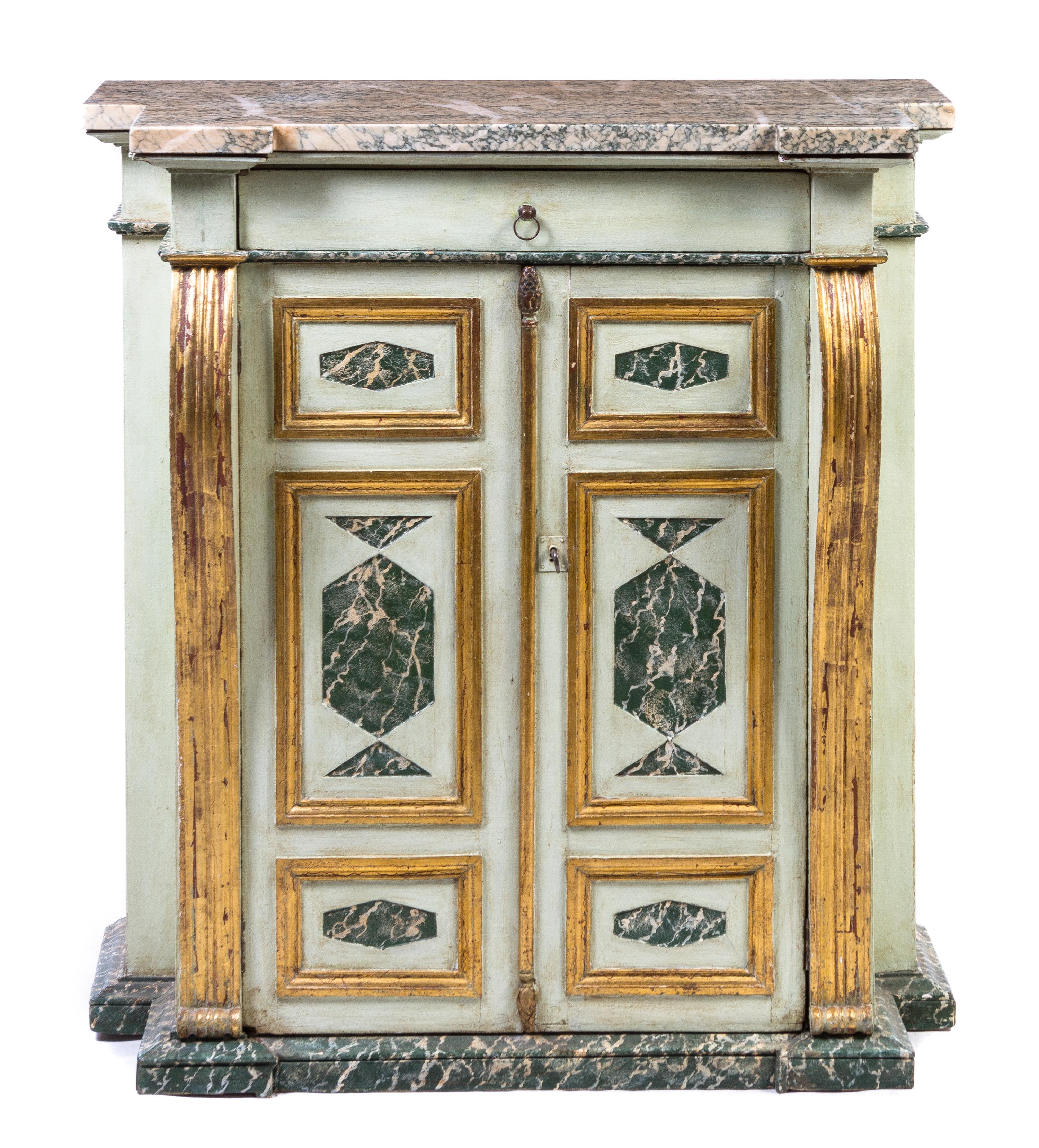 An Italian Painted and Parcel Gilt Console Cabinet, Height 44 3/4 x width 42 x depth 20 1/2 inches.