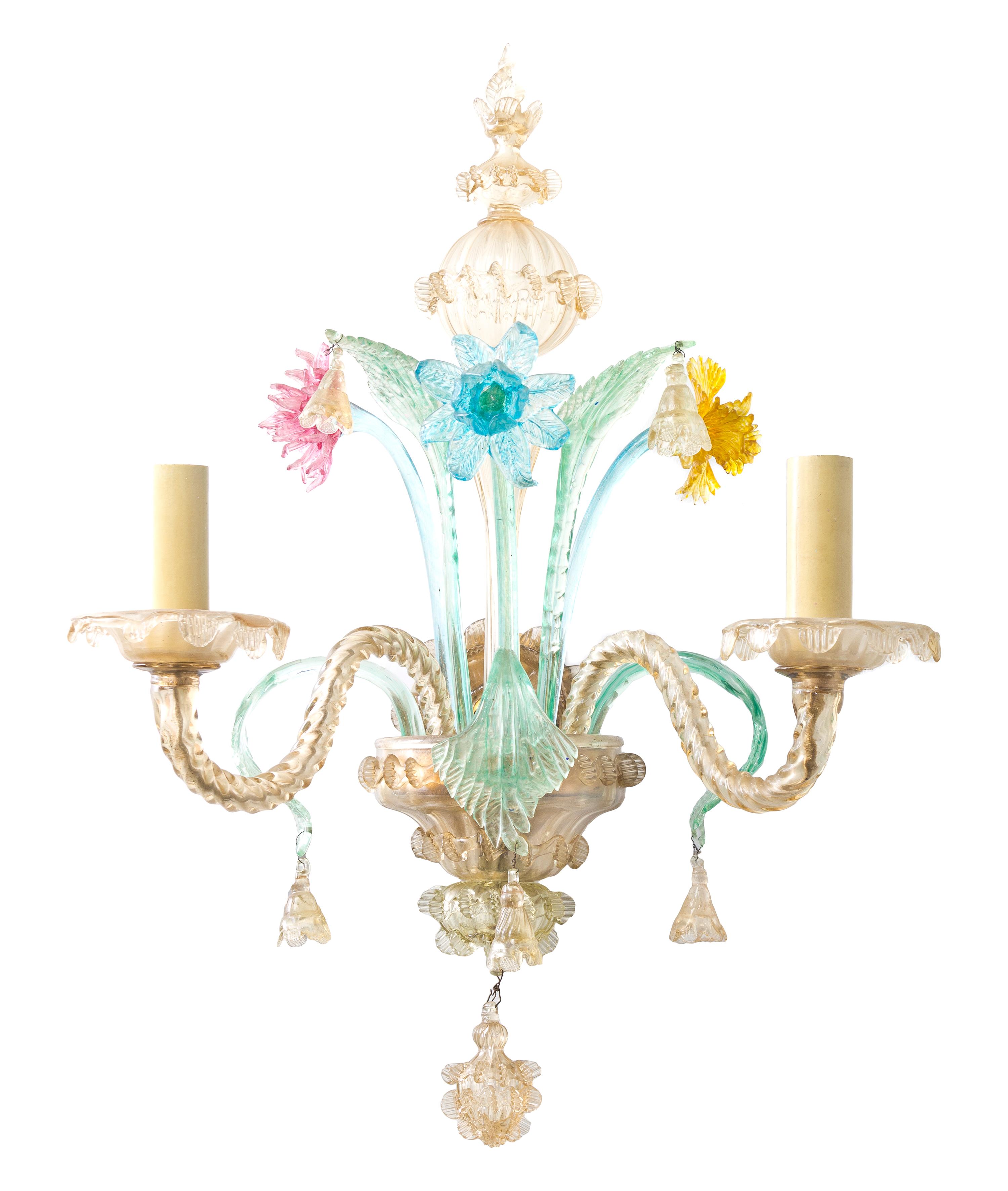 A Suite of Venetian Glass Lighting, Height of first 22 1/2 inches.