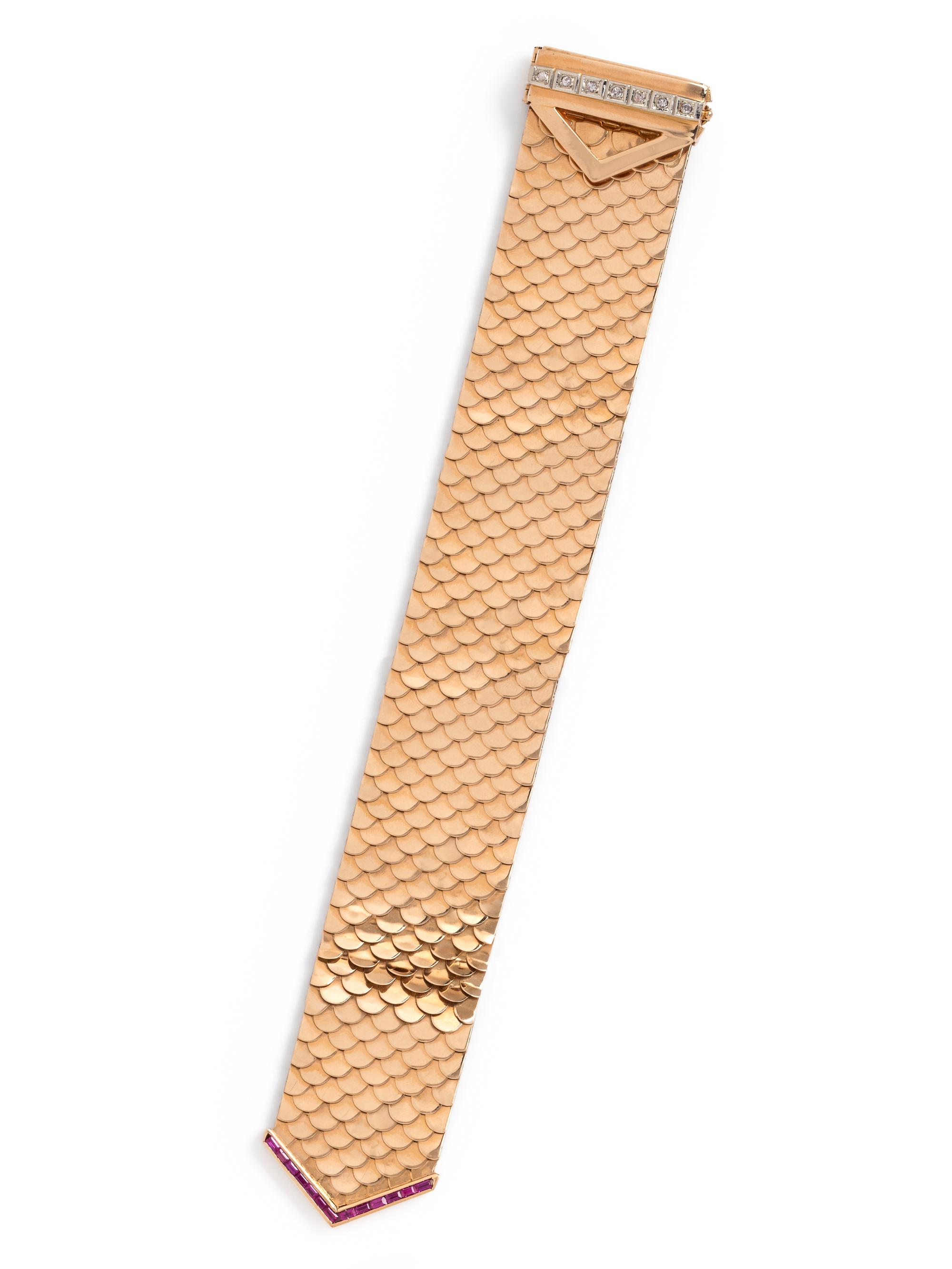 YELLOW GOLD, SYNTHETIC RUBY AND DIAMOND BRACELET