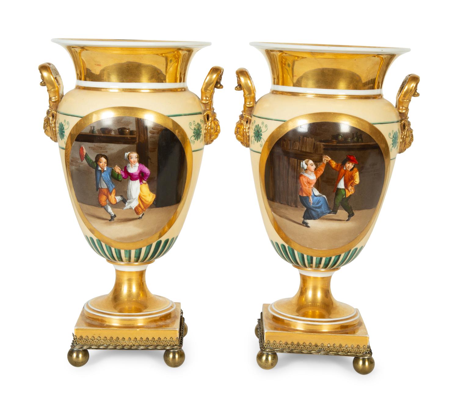 A Pair of Continental Painted Porcelain Urns