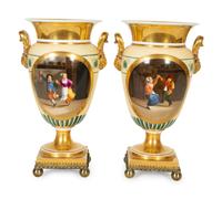 A Pair of Continental Painted Porcelain Urns