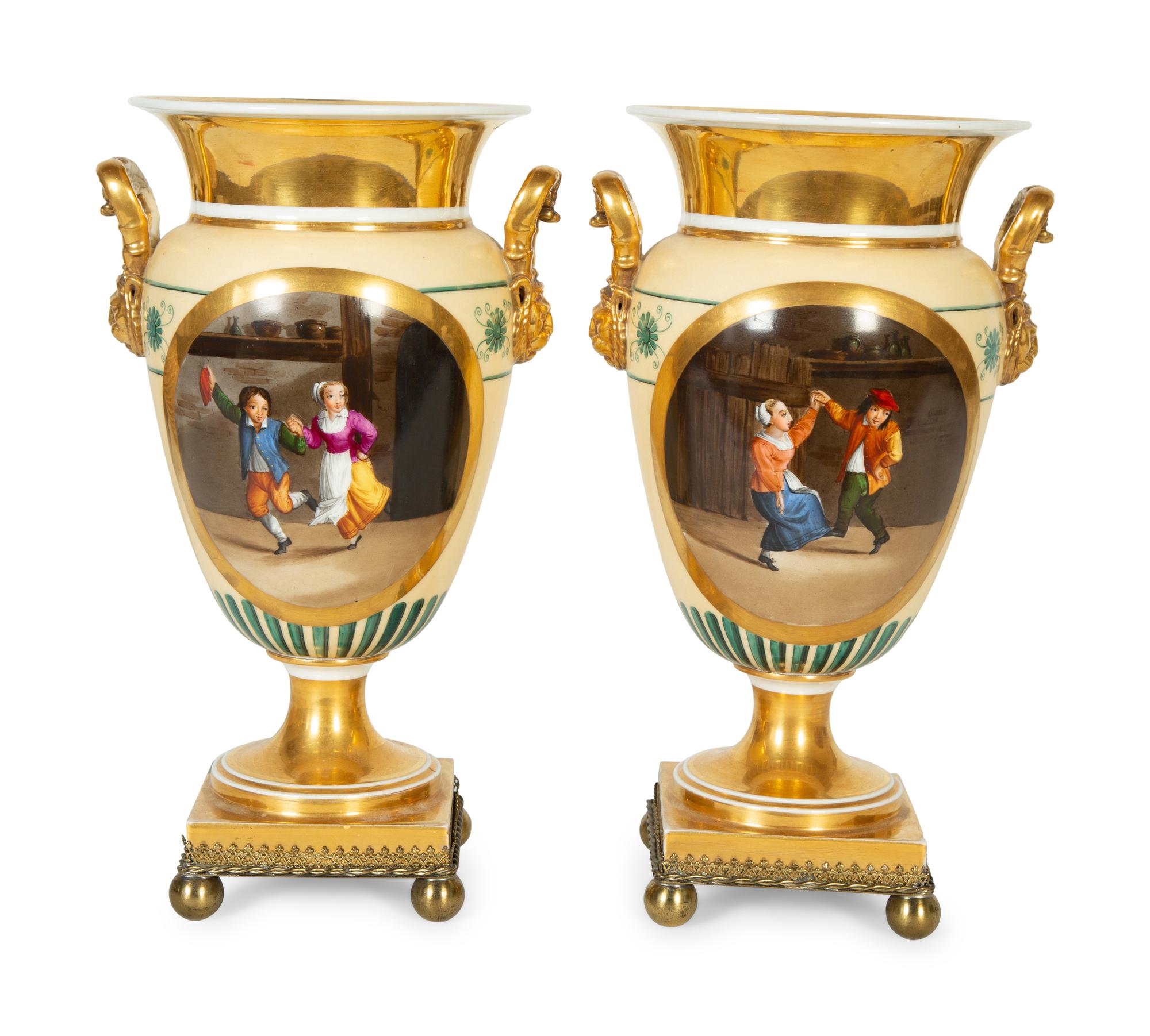 A Pair of Continental Painted Porcelain Urns