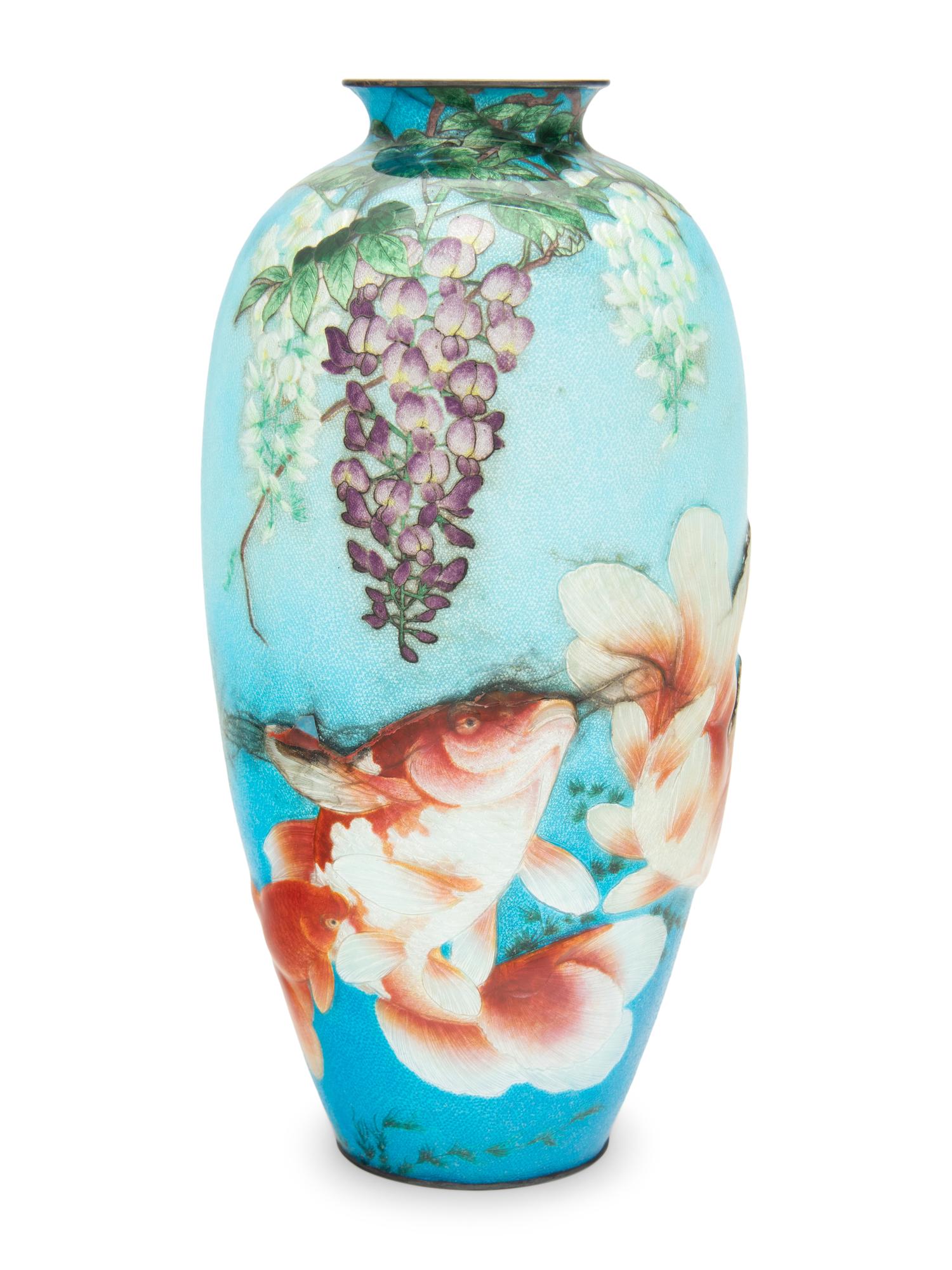 A Japanese Blue Ground Ginbari Cloisonné 'Goldfish and Wisteria' Vase