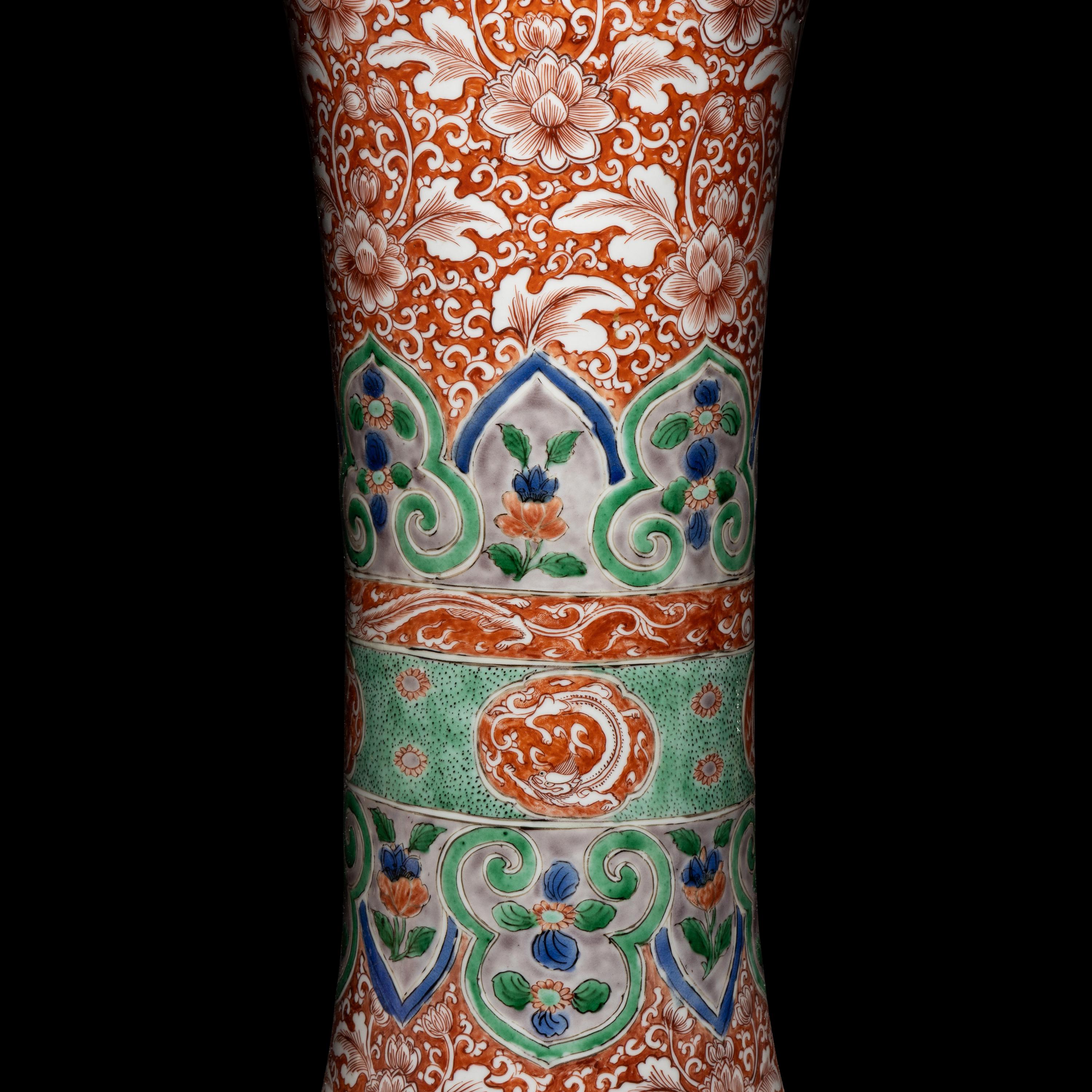 An Associated Pair of Chinese Famille Verte 'Flowers' Porcelain Gu Vases, 18th/19th Century — 清中期 五彩纏枝花卉紋觚一對