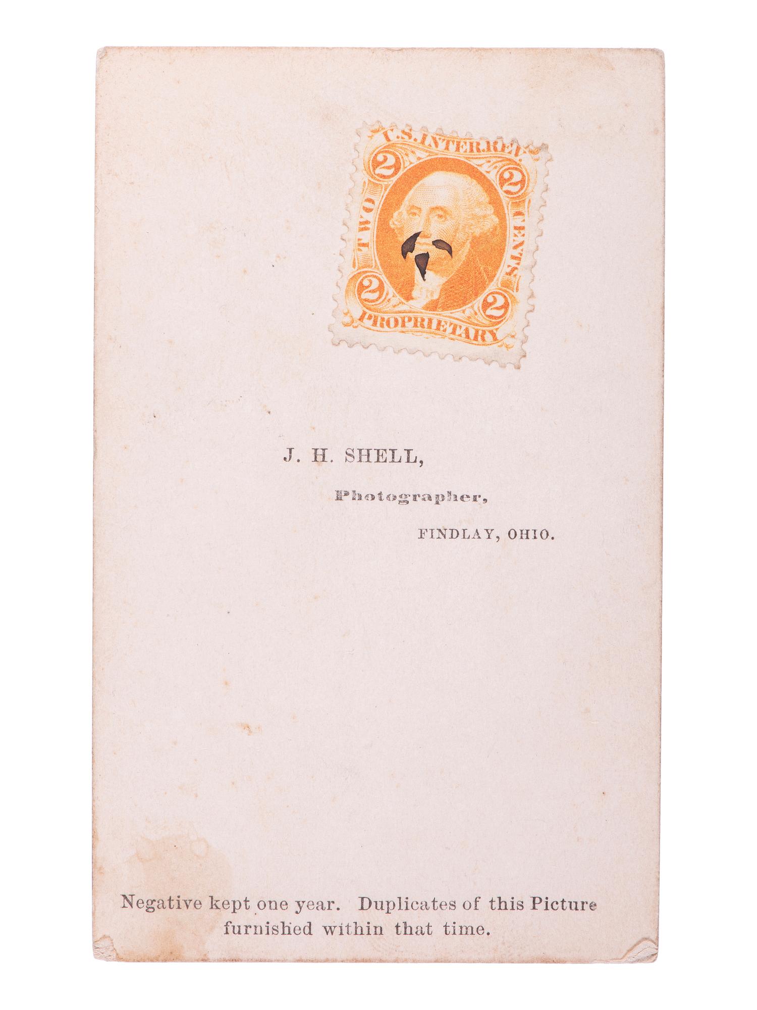 SHELL, J.H., photographer. CDV portrait of Private Horace C. Green, 2nd New York Cavalry, "Harris Light Cavalry," with superimposed ID shield. Findlay, OH: [ca 1860s].