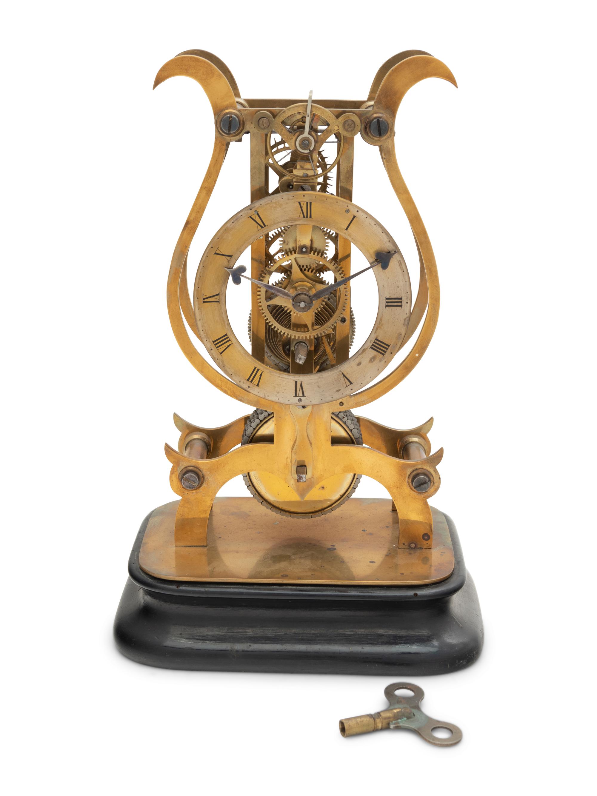 A Brass Lyre-Form Skeleton Clock