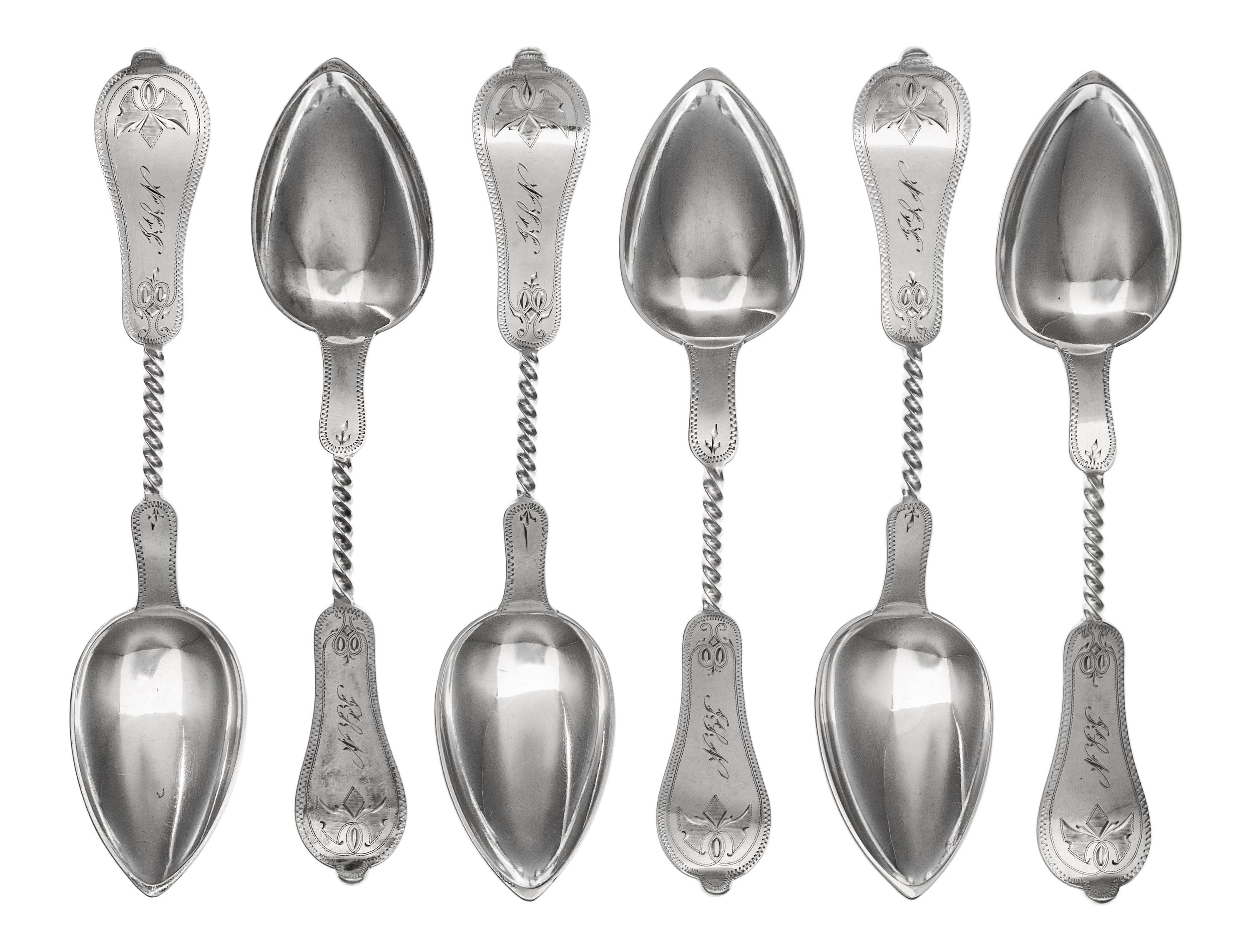 A Set of Twelve American Coin Silver Tablespoons, Duhme & Co., Cincinnati, 19th Century, each having a Fiddle pattern handle with spira