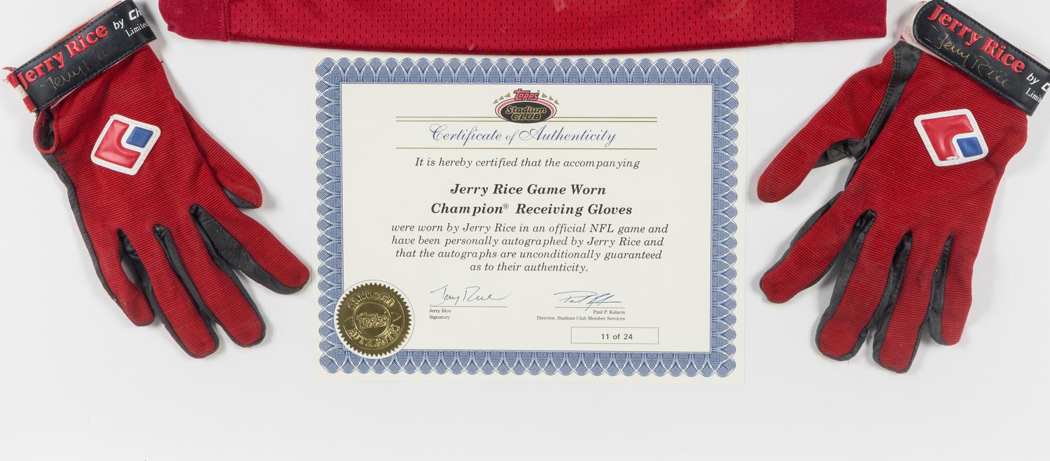 A Jerry Rice Signed Autograph San Francisco 49ers Jersey Presentation With Game Used Gloves (Topps Certificate of Authenticity),