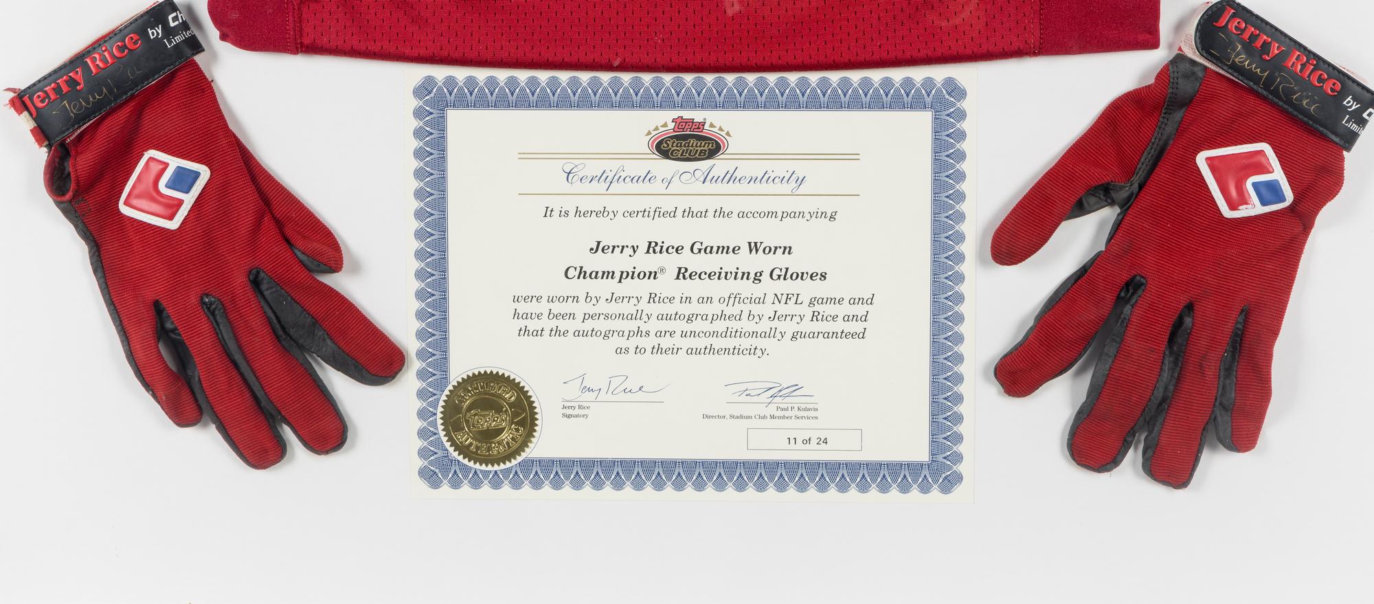 A Jerry Rice Signed Autograph San Francisco 49ers Jersey Presentation With Game Used Gloves (Topps Certificate of Authenticity),