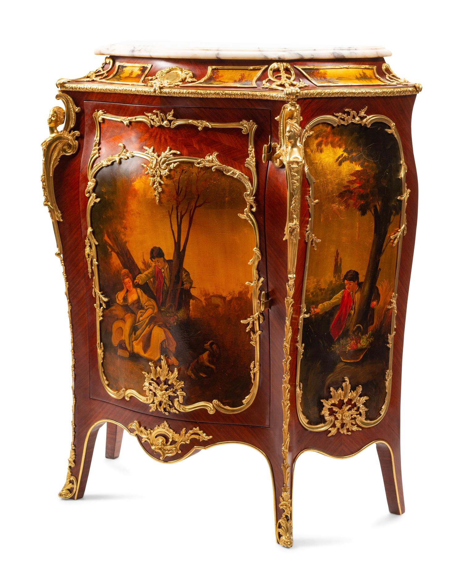 A Louis XV Style Vernis Martin Marble-Top Cabinet