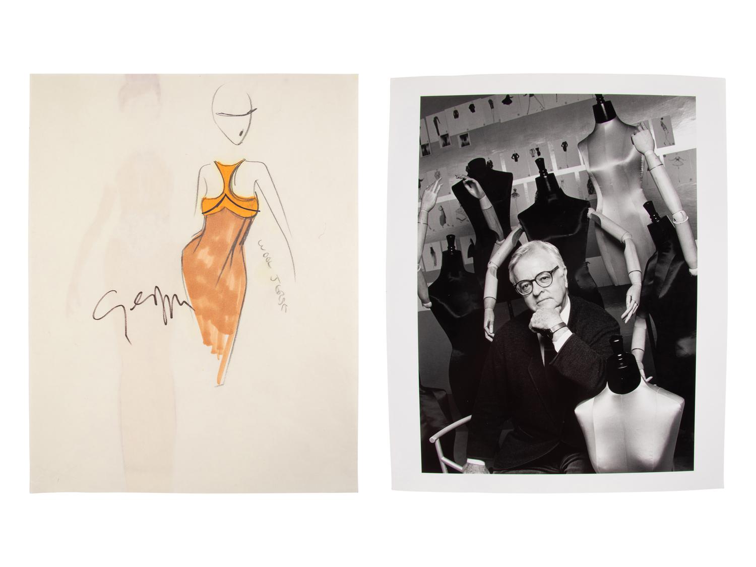 A Fashion Sketch by Geoffrey Beene & A Photo of Geoffrey Beene by Steven Caras