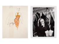 A Fashion Sketch by Geoffrey Beene & A Photo of Geoffrey Beene by Steven Caras