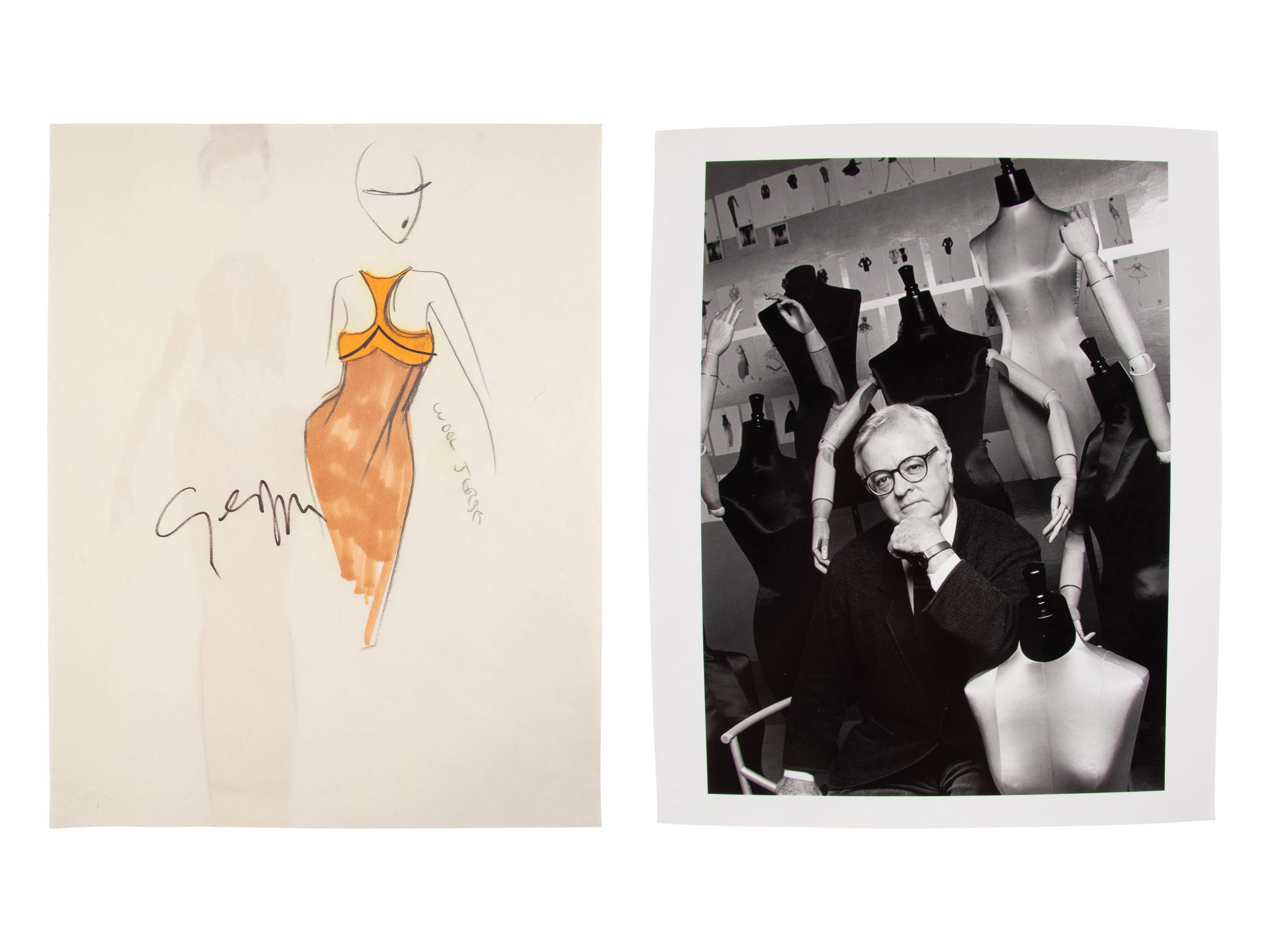 A Fashion Sketch by Geoffrey Beene & A Photo of Geoffrey Beene by Steven Caras
