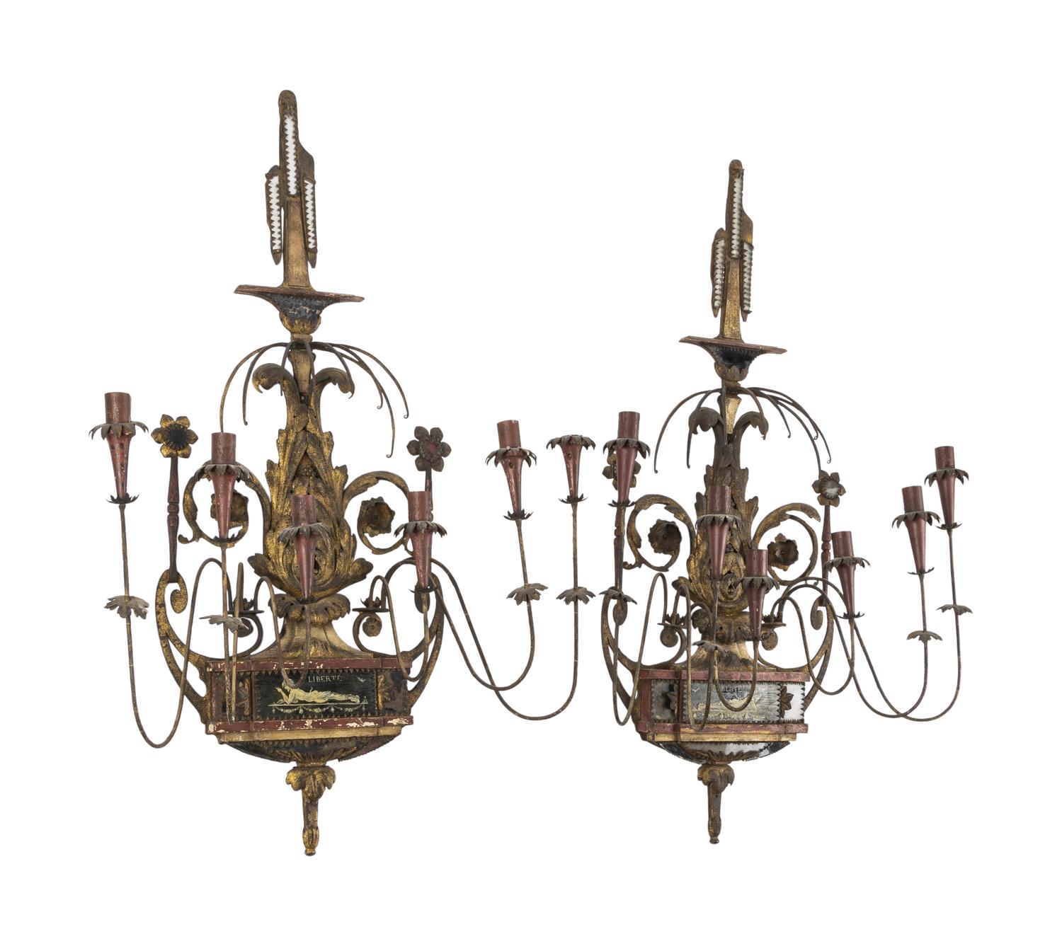 A Pair of Large French or Italian Tole Six-Light Sconces