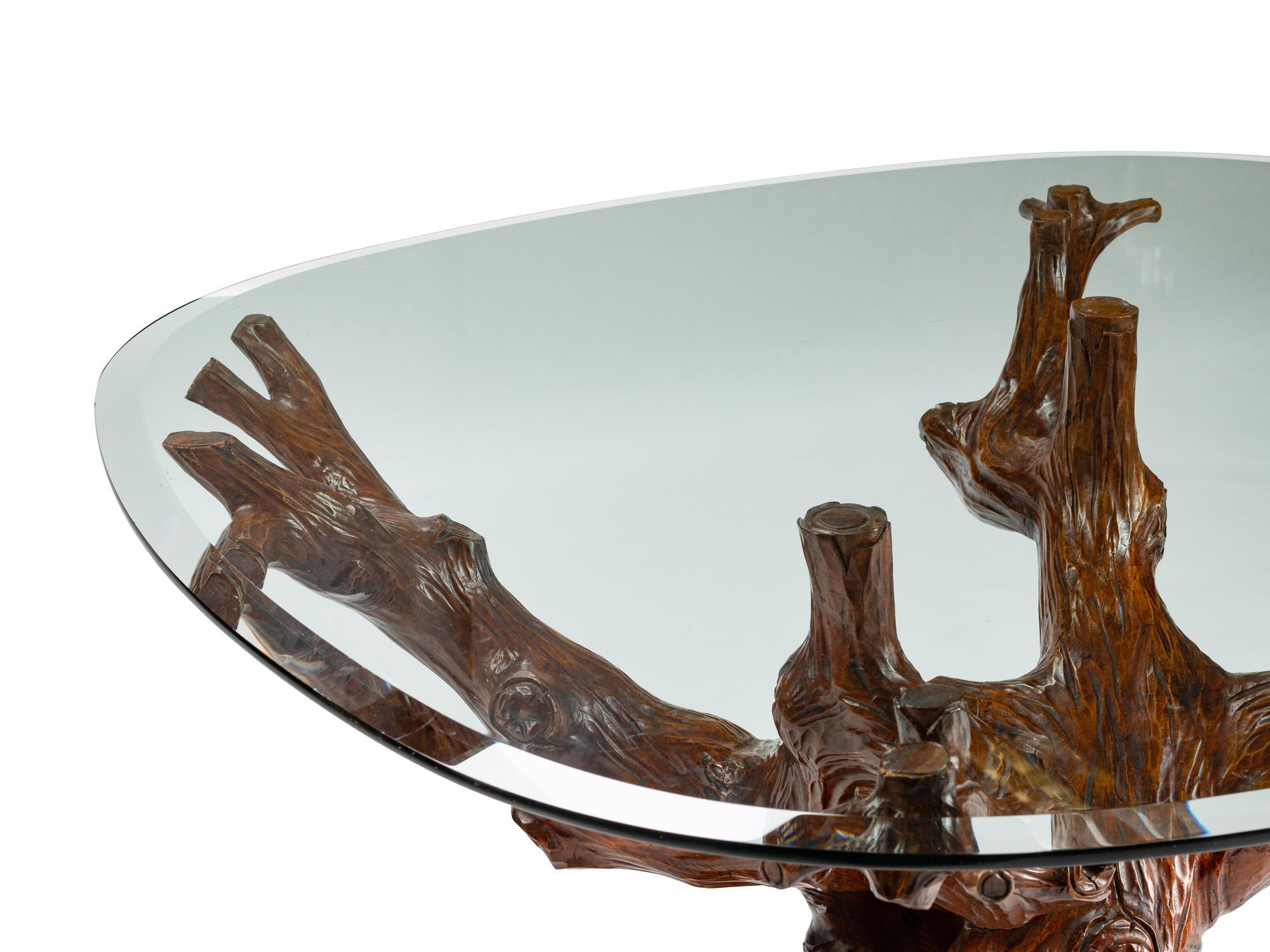 An Italian Grotto Style Carved Walnut Tree Trunk-Form Table Base with Glass Top