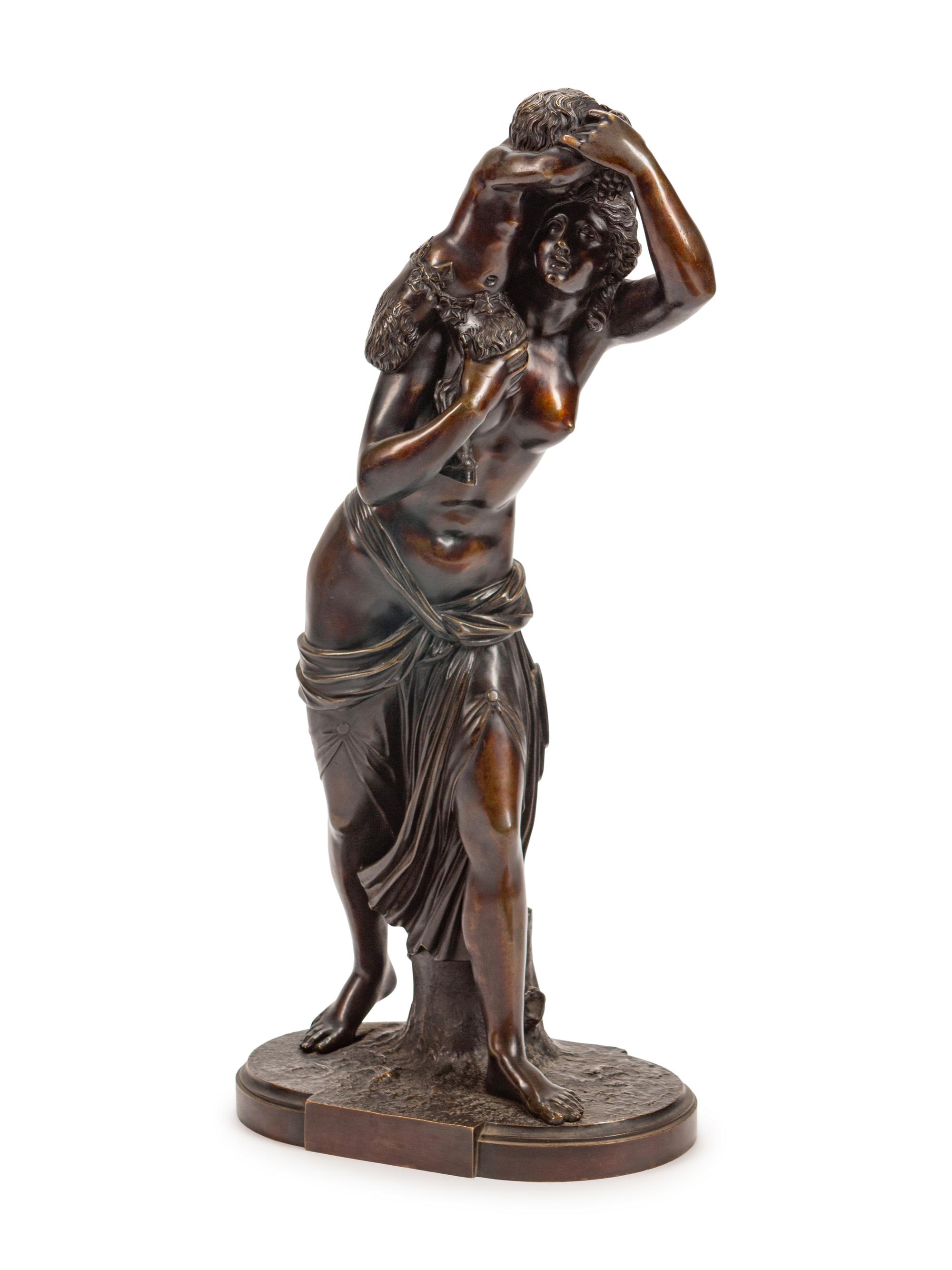 A French Patinated Bronze Group of a Maiden and Infant Satyr