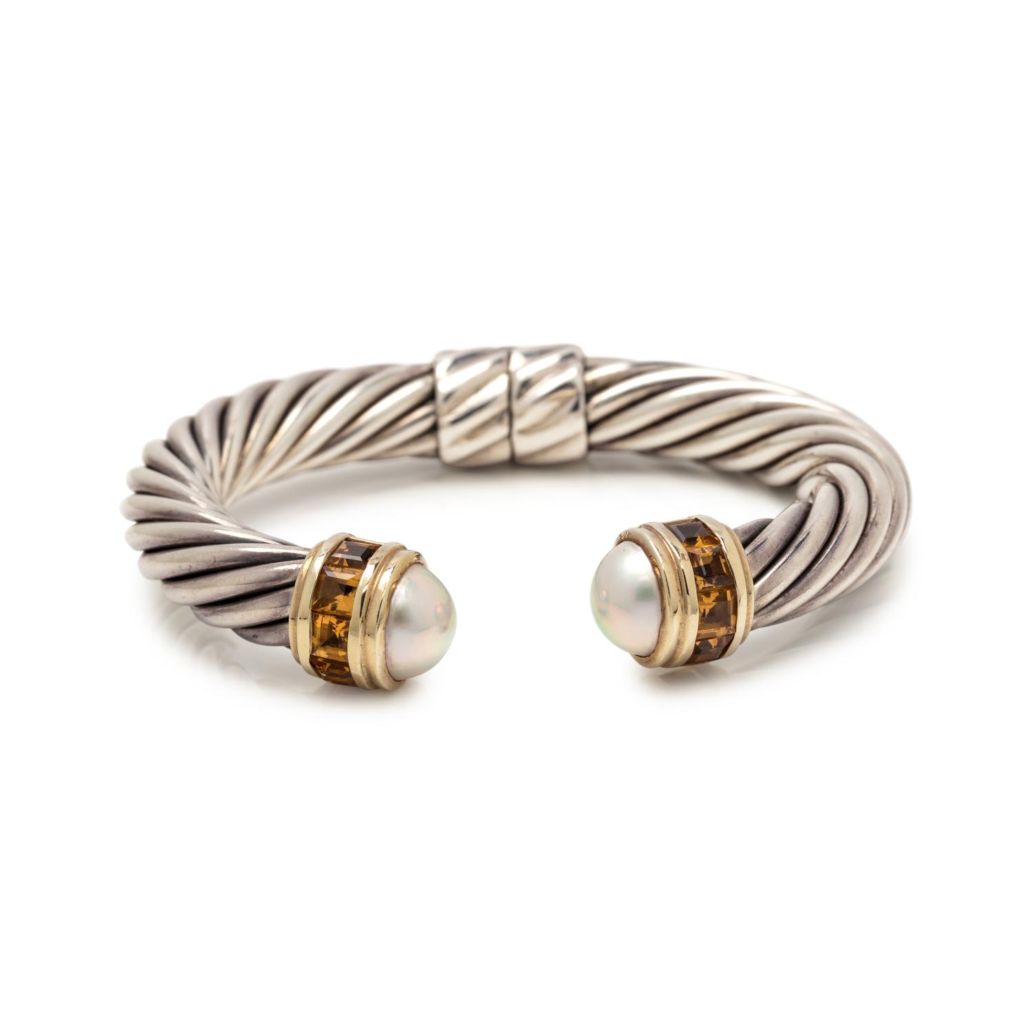 DAVID YURMAN, STERLING SILVER, YELLOW GOLD, CULTURED PEARL AND CITRINE 'CABLE CLASSIC' CUFF BRACELET