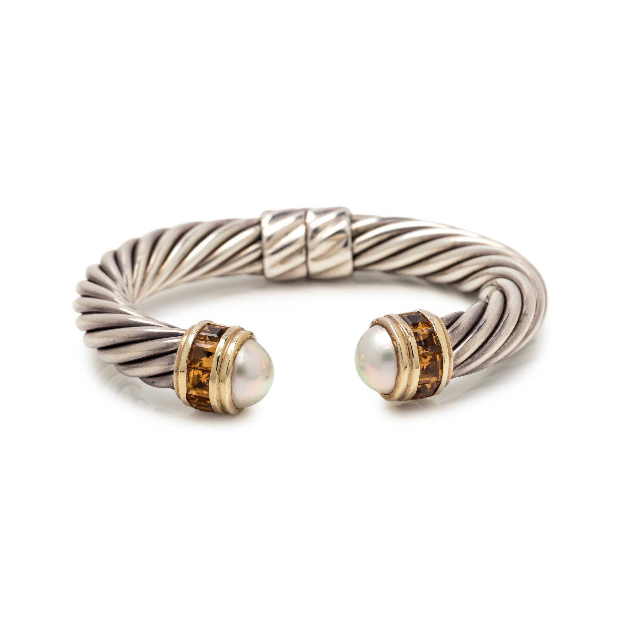 DAVID YURMAN, STERLING SILVER, YELLOW GOLD, CULTURED PEARL AND CITRINE 'CABLE CLASSIC' CUFF BRACELET