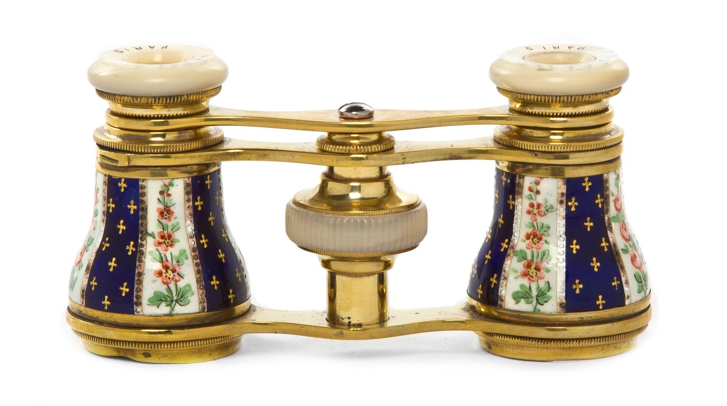 A Pair of French Enameled Opera Glasses, Lefils, Width 3 5/8 inches.