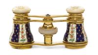 A Pair of French Enameled Opera Glasses, Lefils, Width 3 5/8 inches.