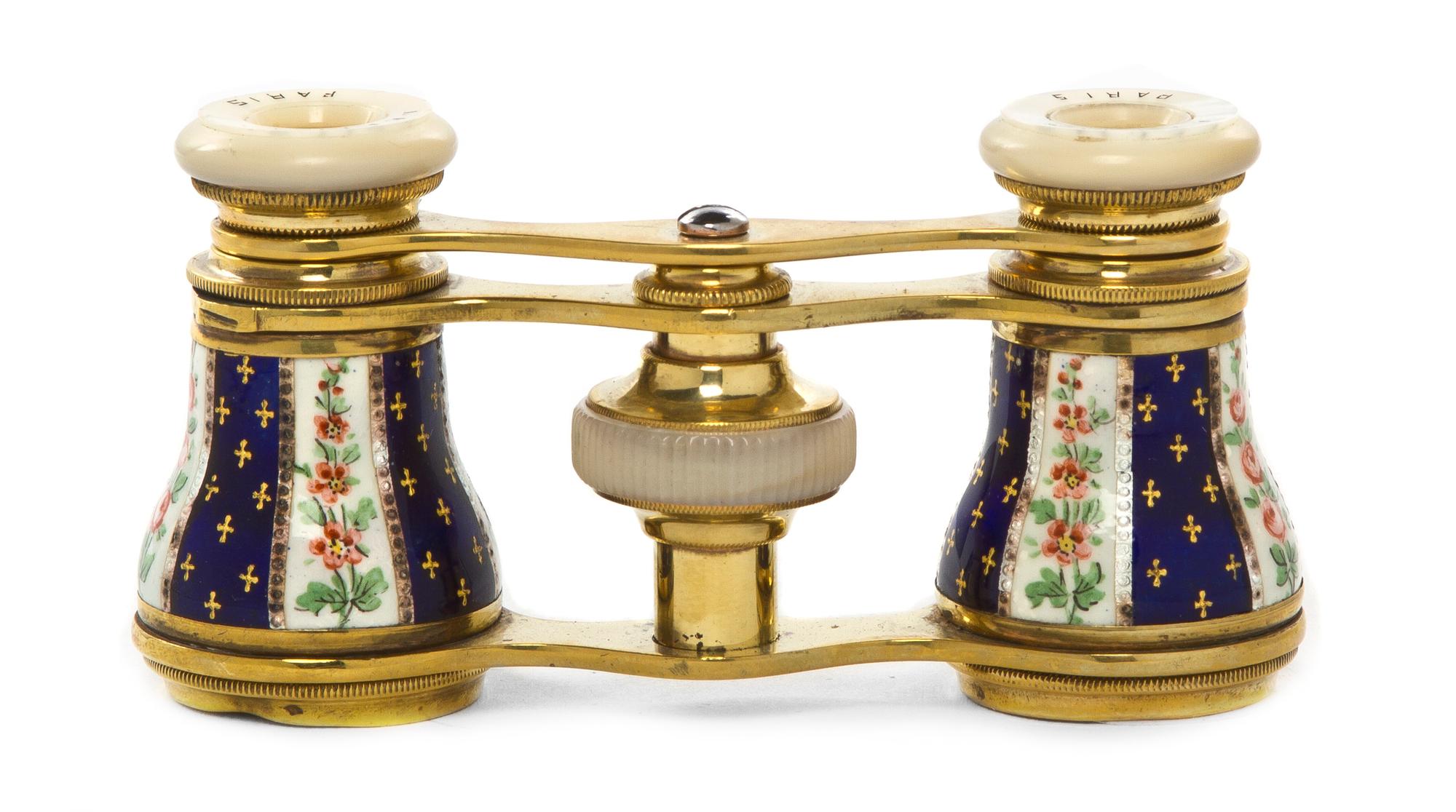 A Pair of French Enameled Opera Glasses, Lefils, Width 3 5/8 inches.