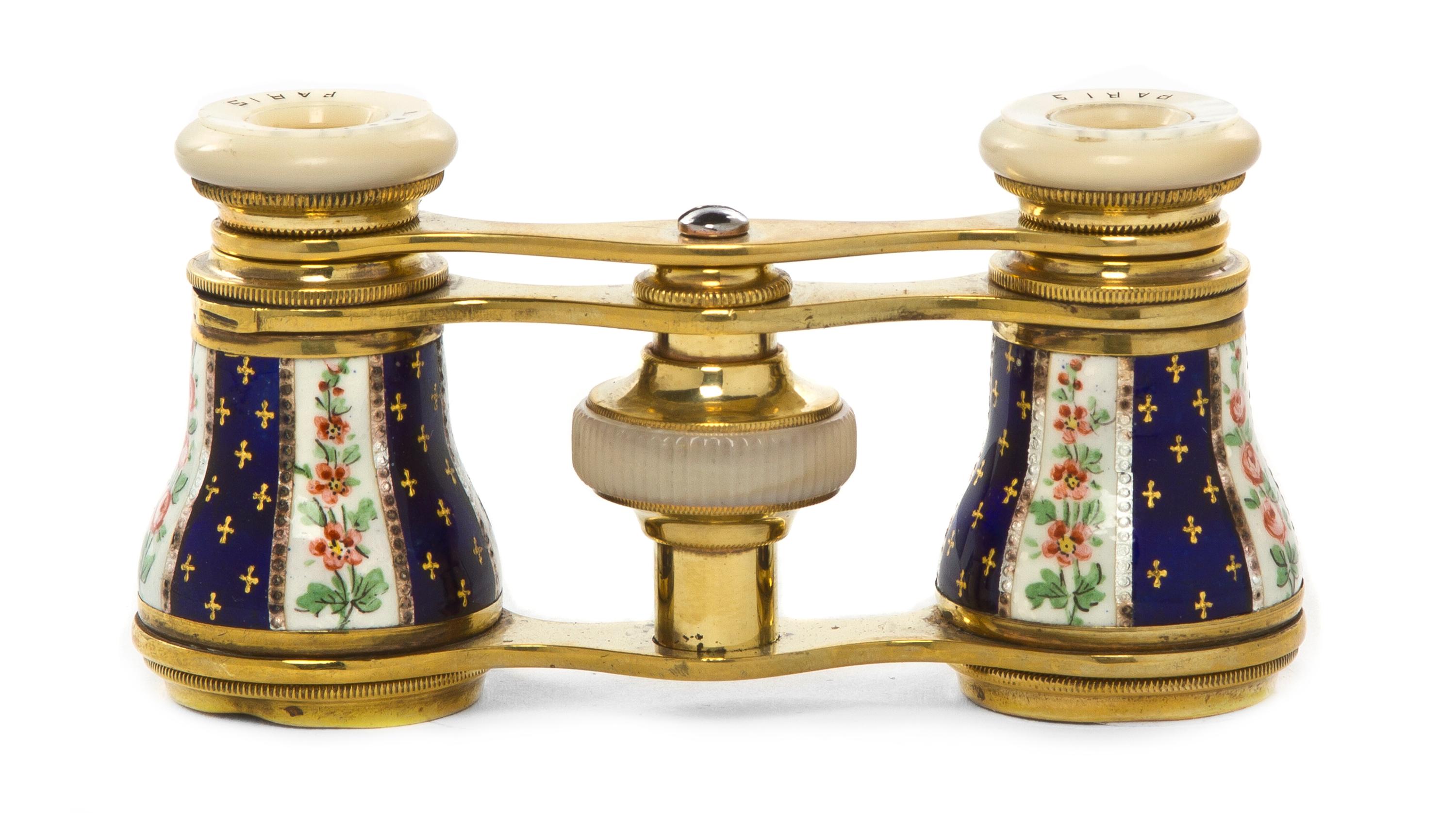 A Pair of French Enameled Opera Glasses, Lefils, Width 3 5/8 inches.