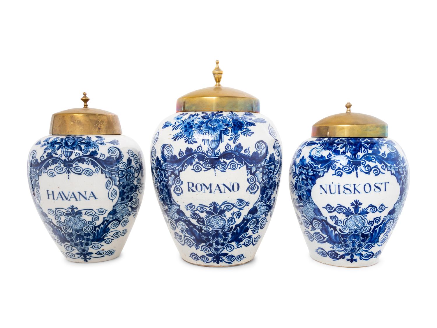 Three Delft Blue and White Tobacco Jars