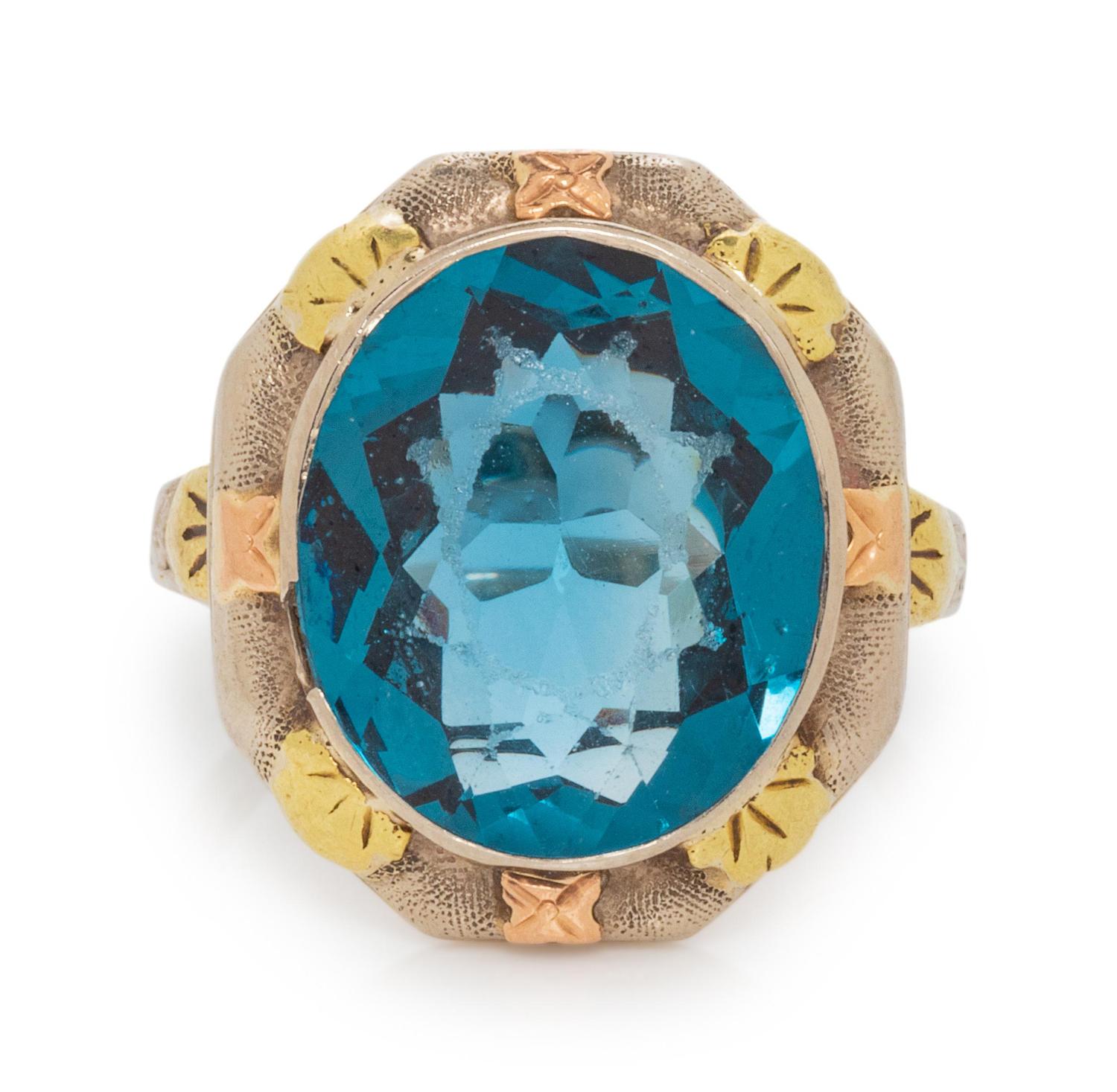 A 14 Karat Tricolor Gold and Synthetic Blue Spinel Ring, LaFrance,