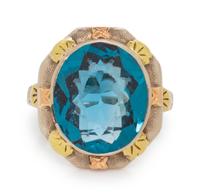 A 14 Karat Tricolor Gold and Synthetic Blue Spinel Ring, LaFrance,