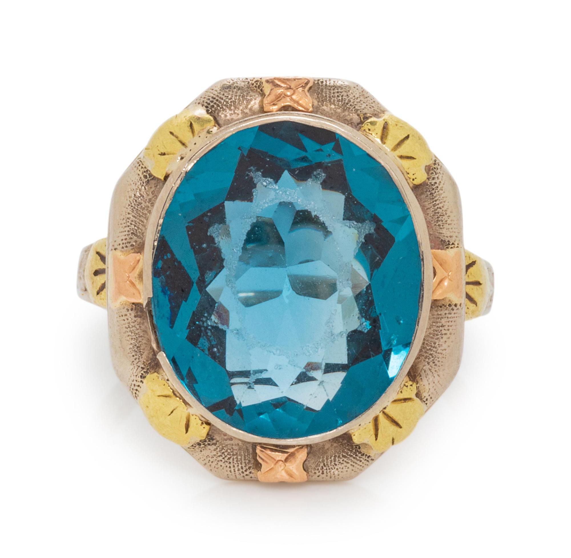 A 14 Karat Tricolor Gold and Synthetic Blue Spinel Ring, LaFrance,