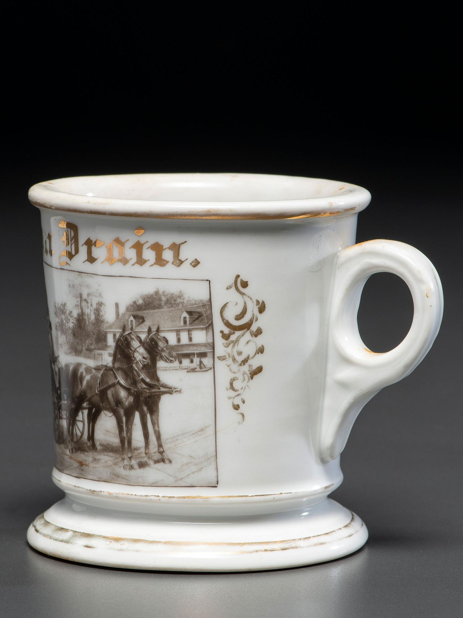 A Photographic Transfer Porcelain Shaving Mug Depicting a Man Driving a Horse and Buggy