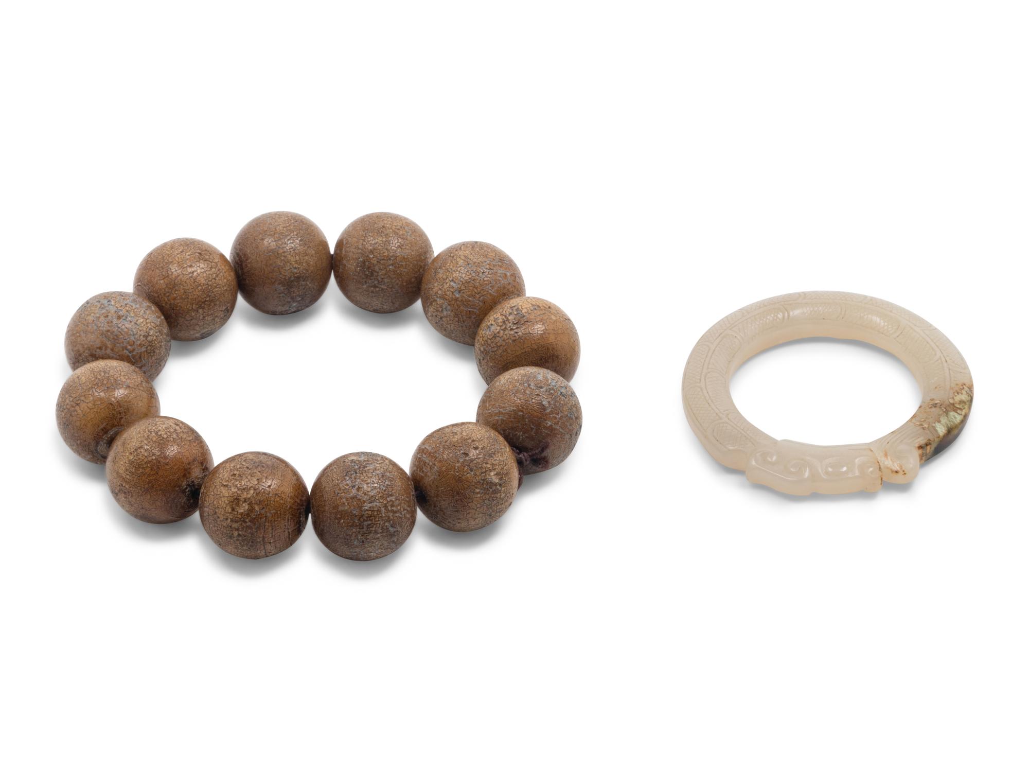 A Chinese Jade 'Dragon' Pendant and a Strand of Wood Praying Beads