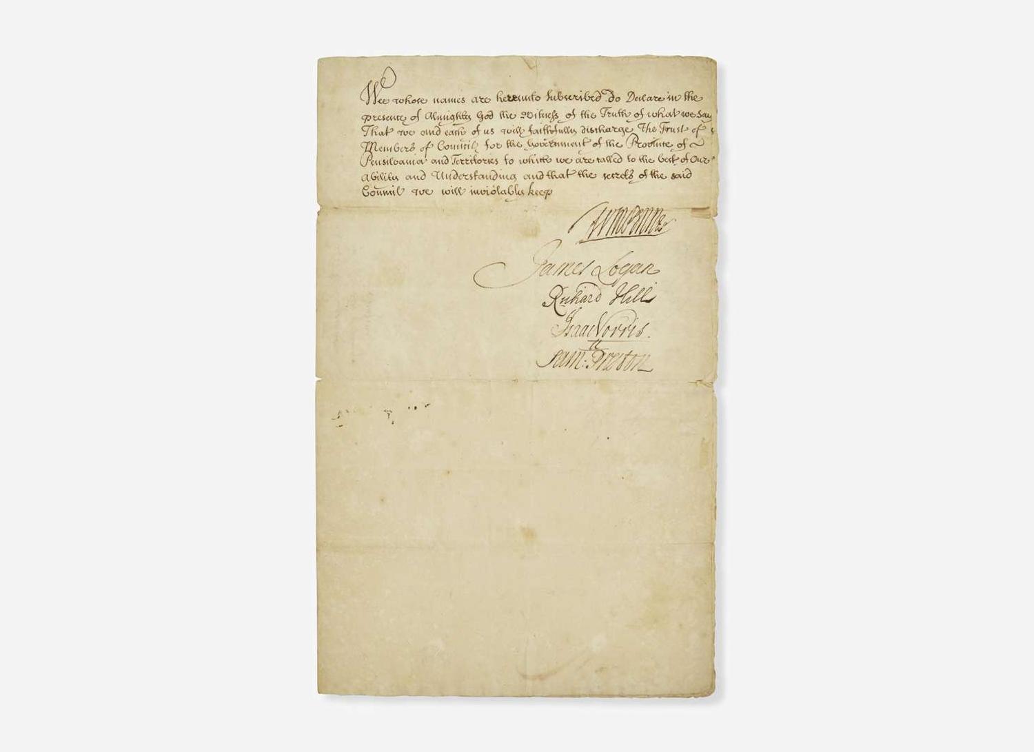 [Philadelphia & Pennsylvania] Penn, William, Jr., et al.: Manuscript Document, signed