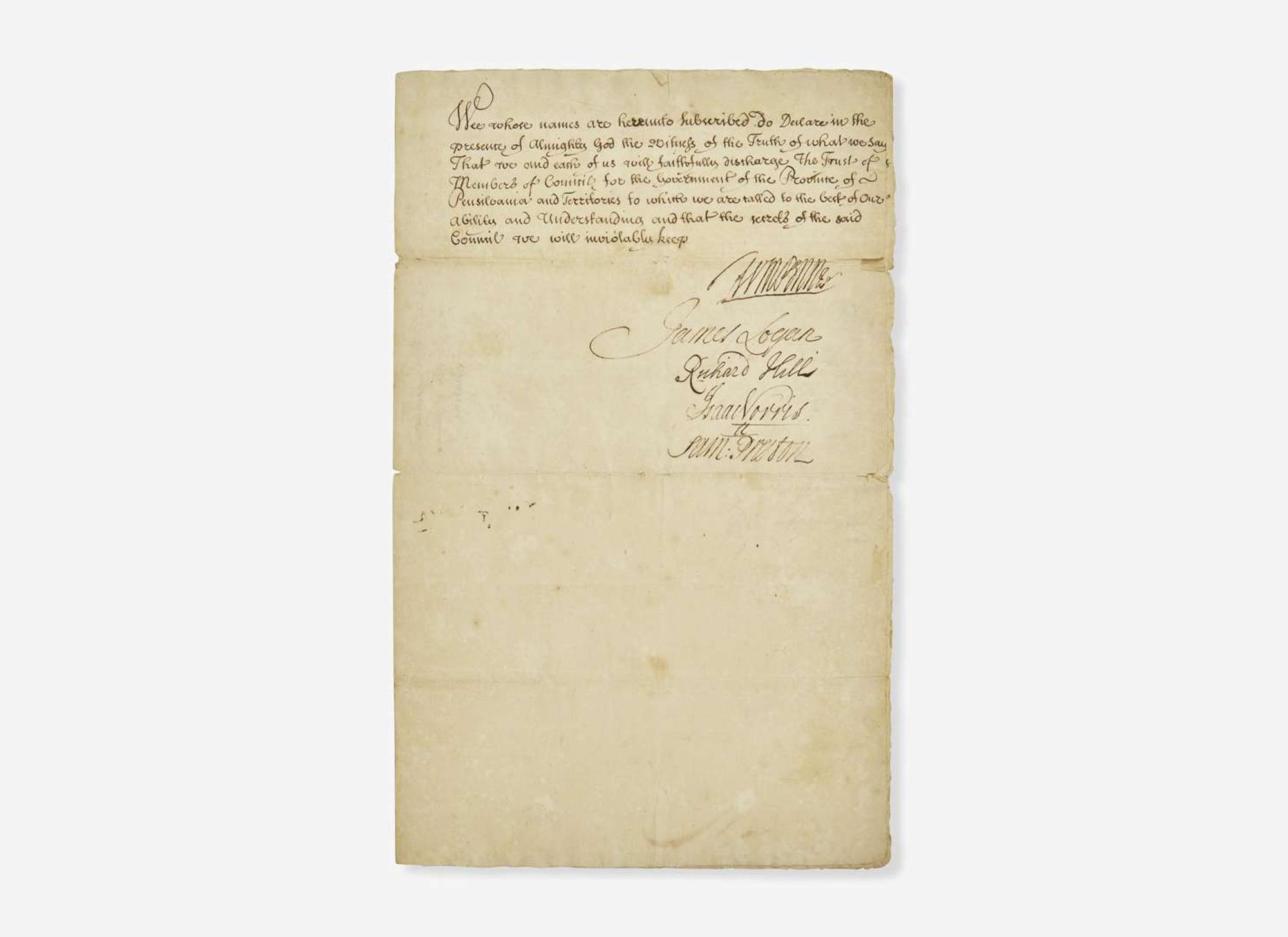 [Philadelphia & Pennsylvania] Penn, William, Jr., et al.: Manuscript Document, signed