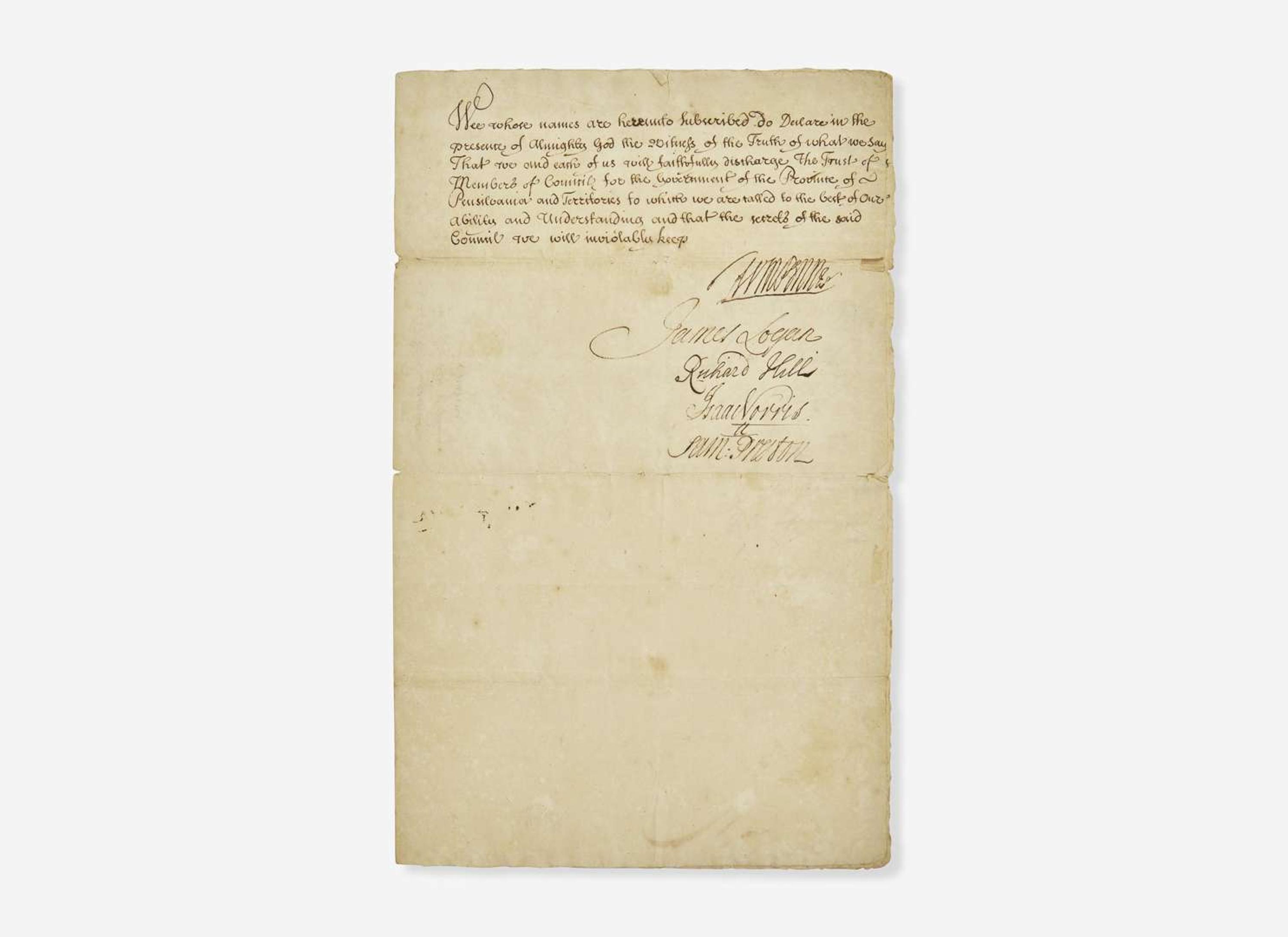 [Philadelphia & Pennsylvania] Penn, William, Jr., et al.: Manuscript Document, signed