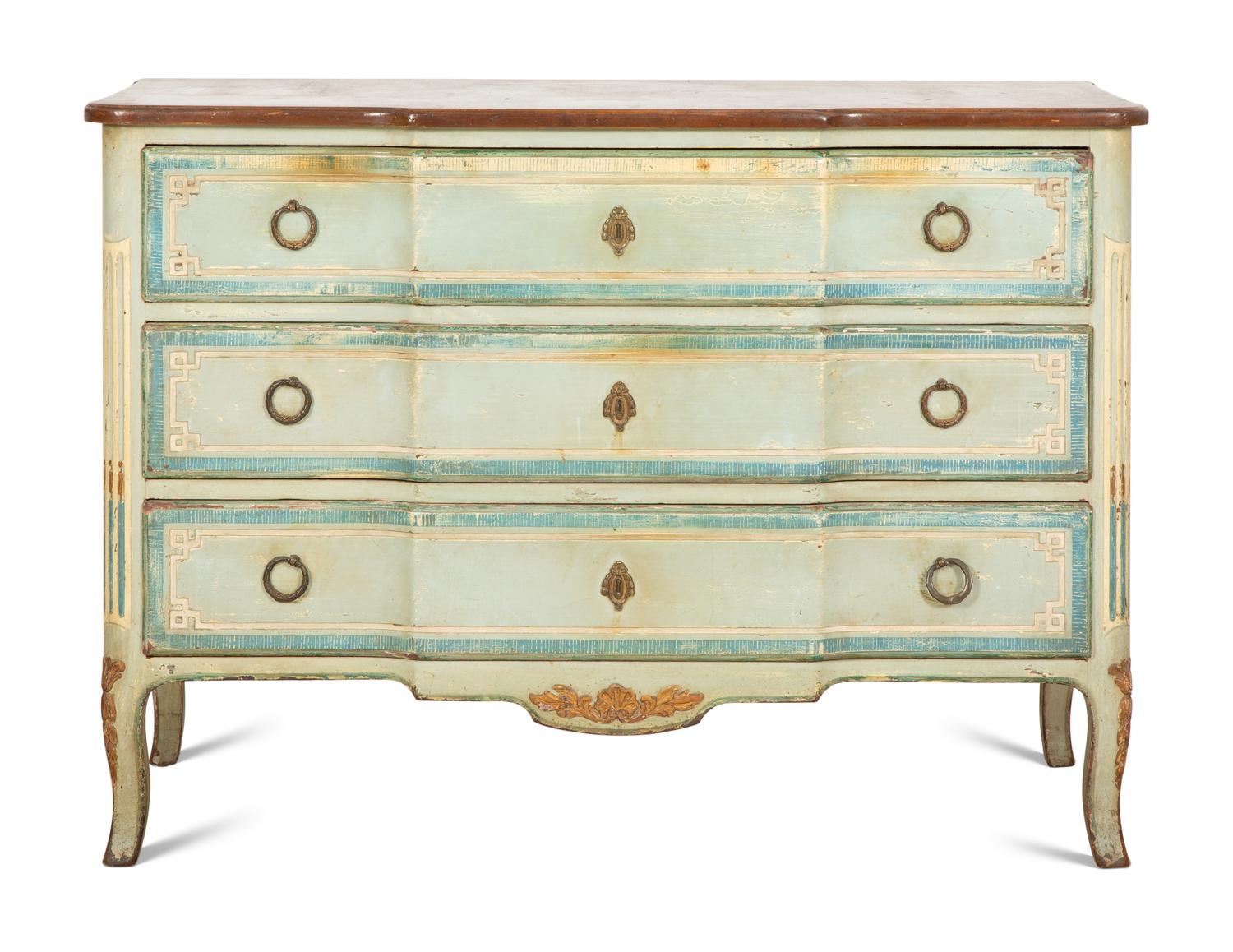A French Gilt Metal-Mounted Painted and Parcel Gilt Commode