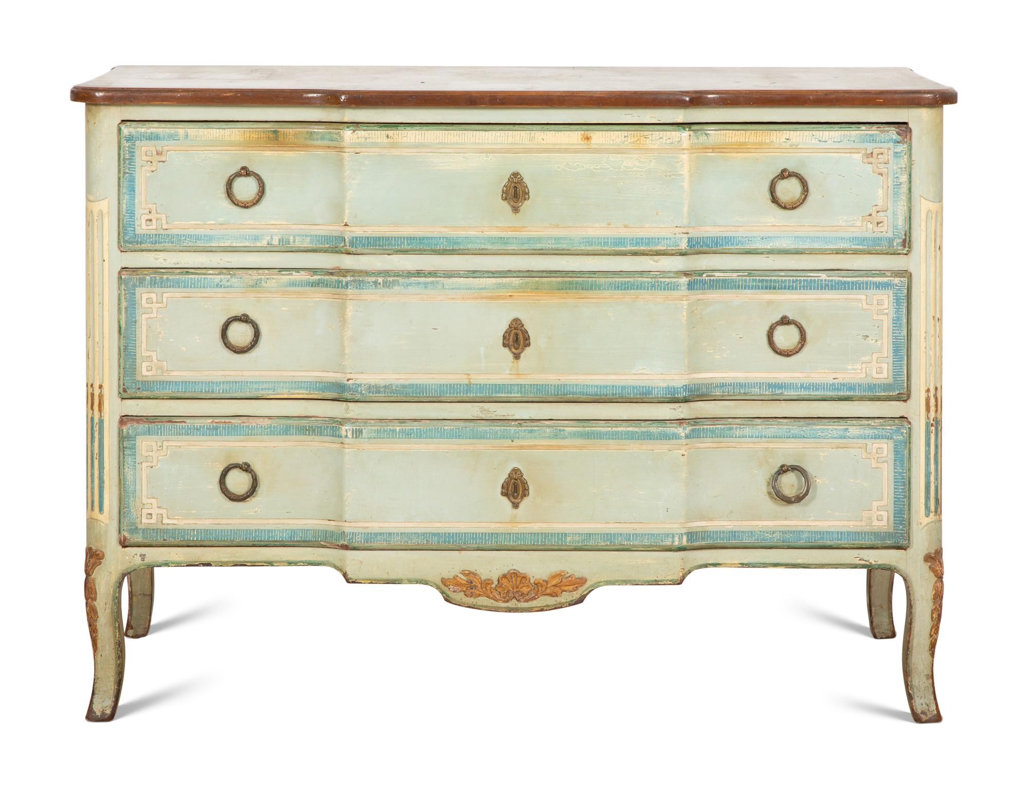 A French Gilt Metal-Mounted Painted and Parcel Gilt Commode