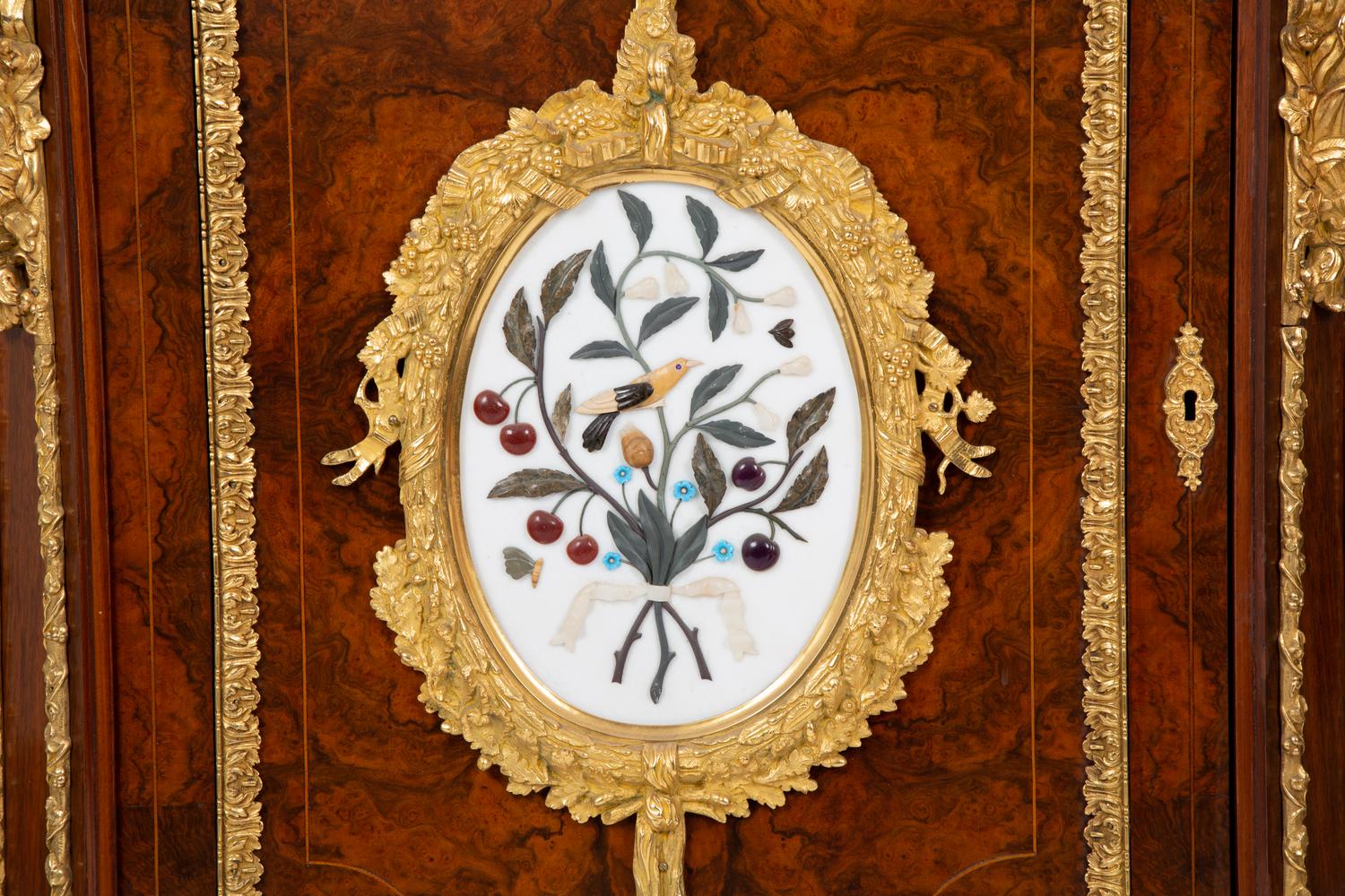 A Napoleon III Style Gilt Bronze Mounted and Hardstone Plaque-Inset Burlwood Cabinet — LATE 19TH/EARLY 20TH CENTURY