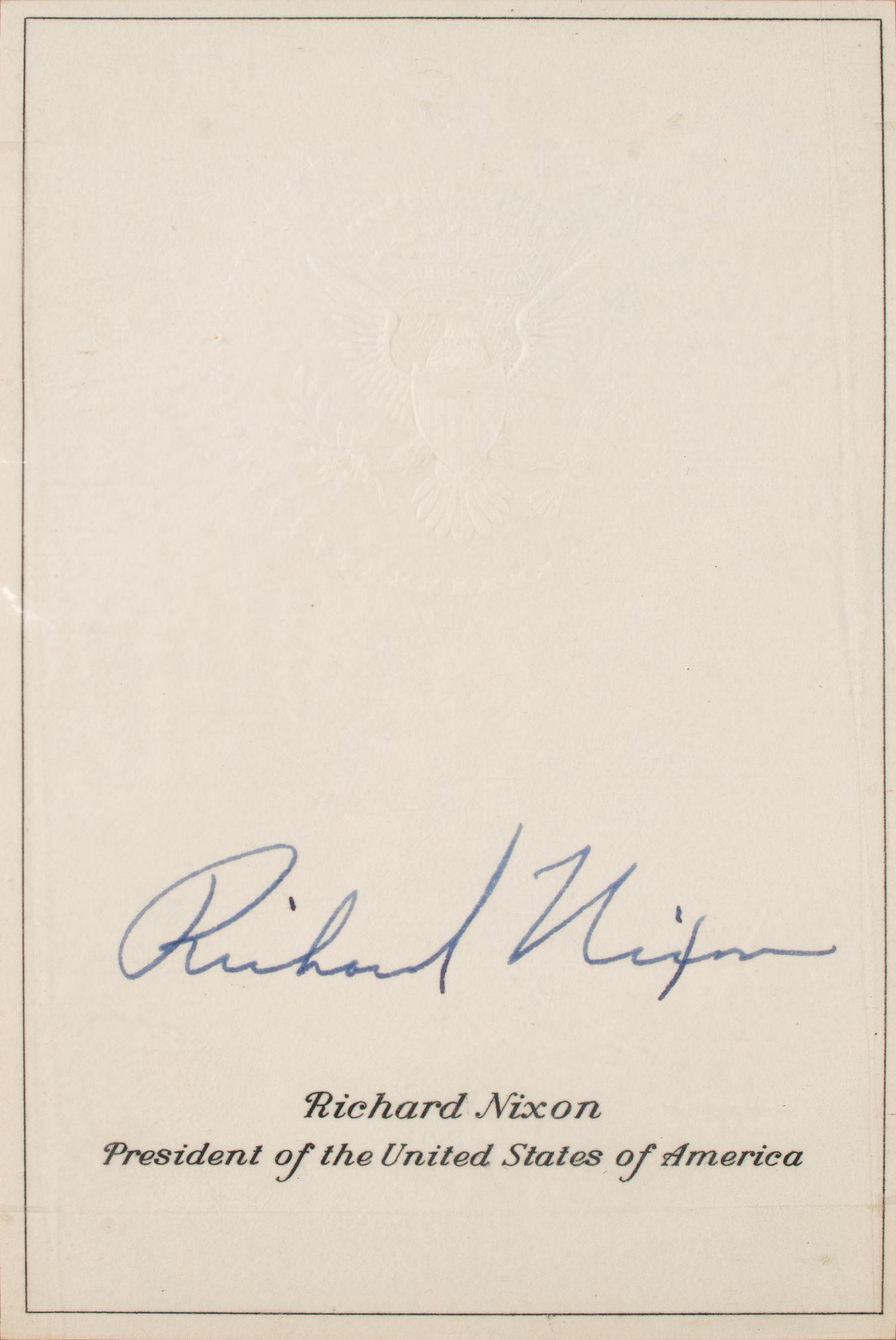 [POLITICS]. NIXON, Richard (1913-1994). Photographs and signature on White House embossed card.