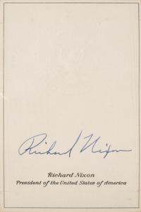 [POLITICS]. NIXON, Richard (1913-1994). Photographs and signature on White House embossed card.