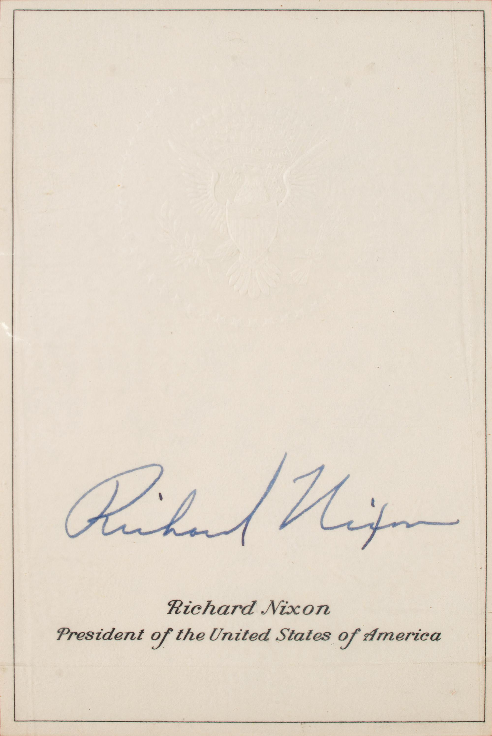 [POLITICS]. NIXON, Richard (1913-1994). Photographs and signature on White House embossed card.