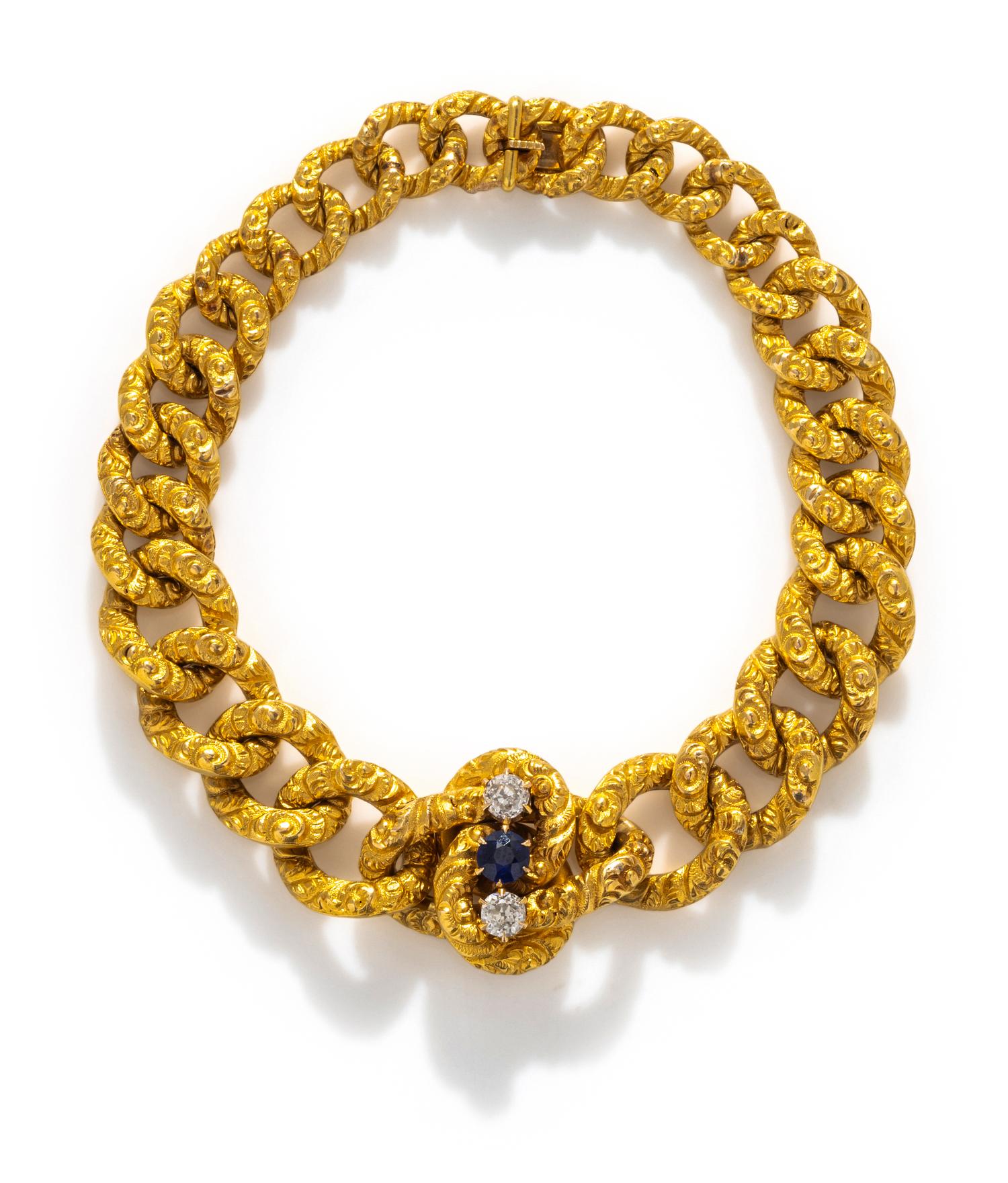 ANTIQUE, YELLOW GOLD, DIAMOND AND SAPPHIRE BRACELET