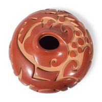 Red and Tan Carved Pottery Vase, with Avanyu