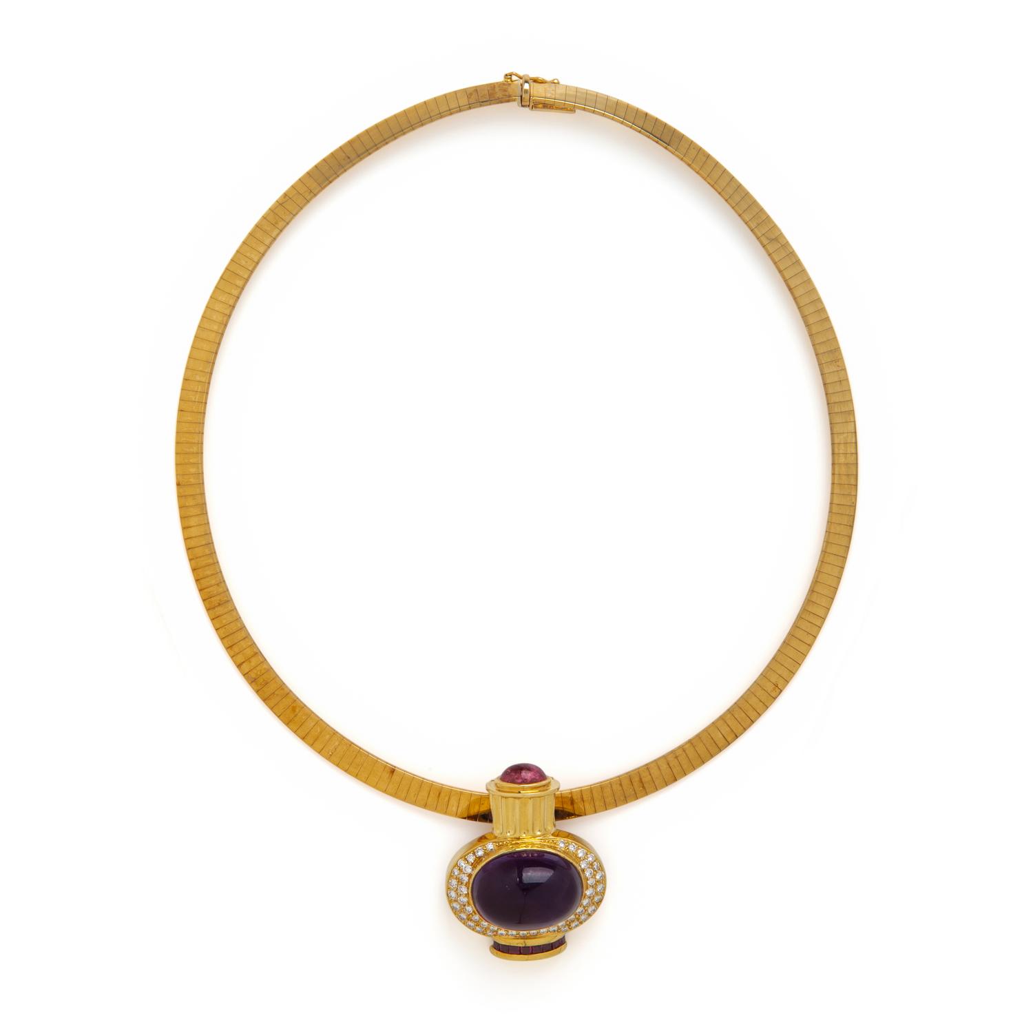 Lagos, Multigem, Diamond, and Yellow Gold Pendant Brooch with Unsigned Omega Necklace