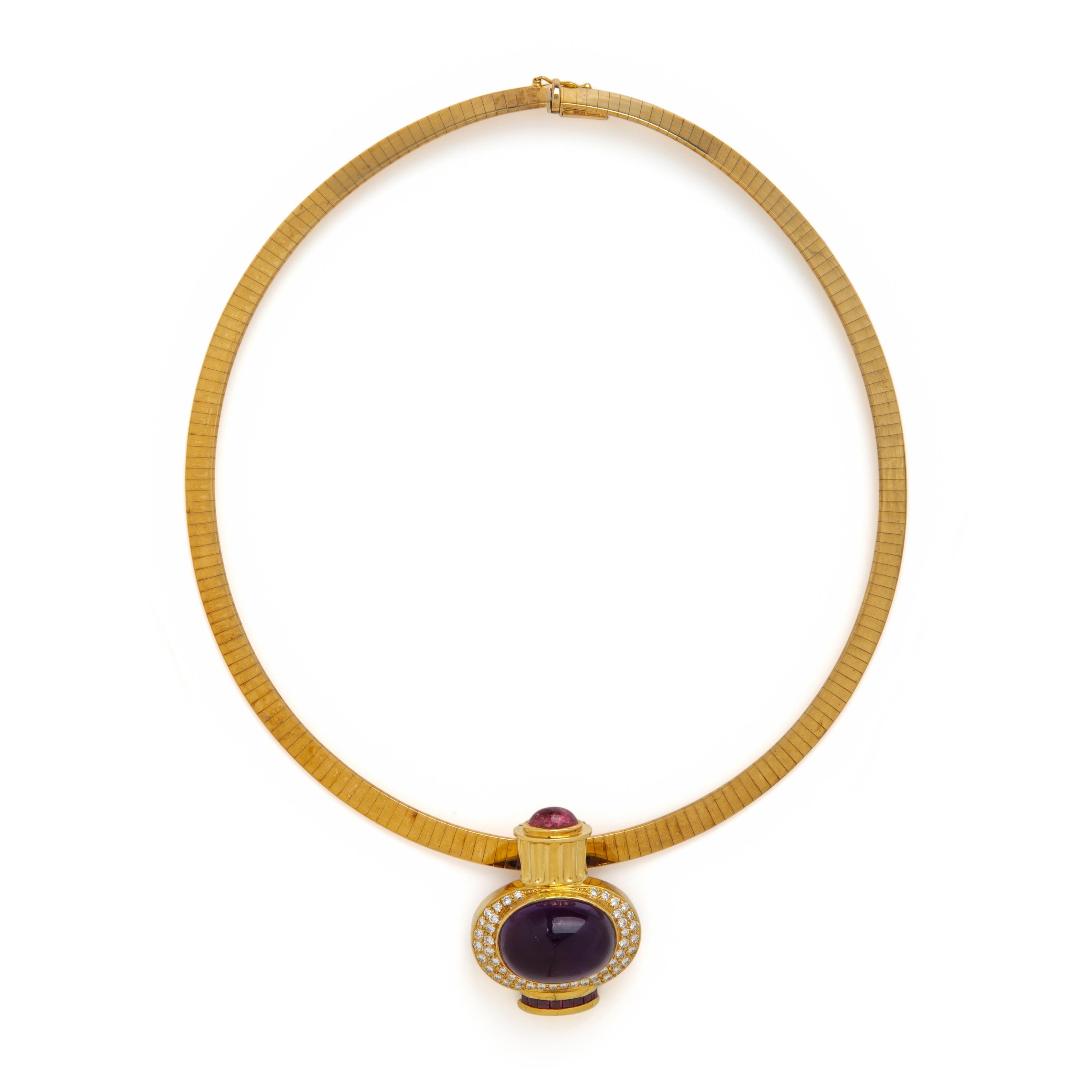 Lagos, Multigem, Diamond, and Yellow Gold Pendant Brooch with Unsigned Omega Necklace